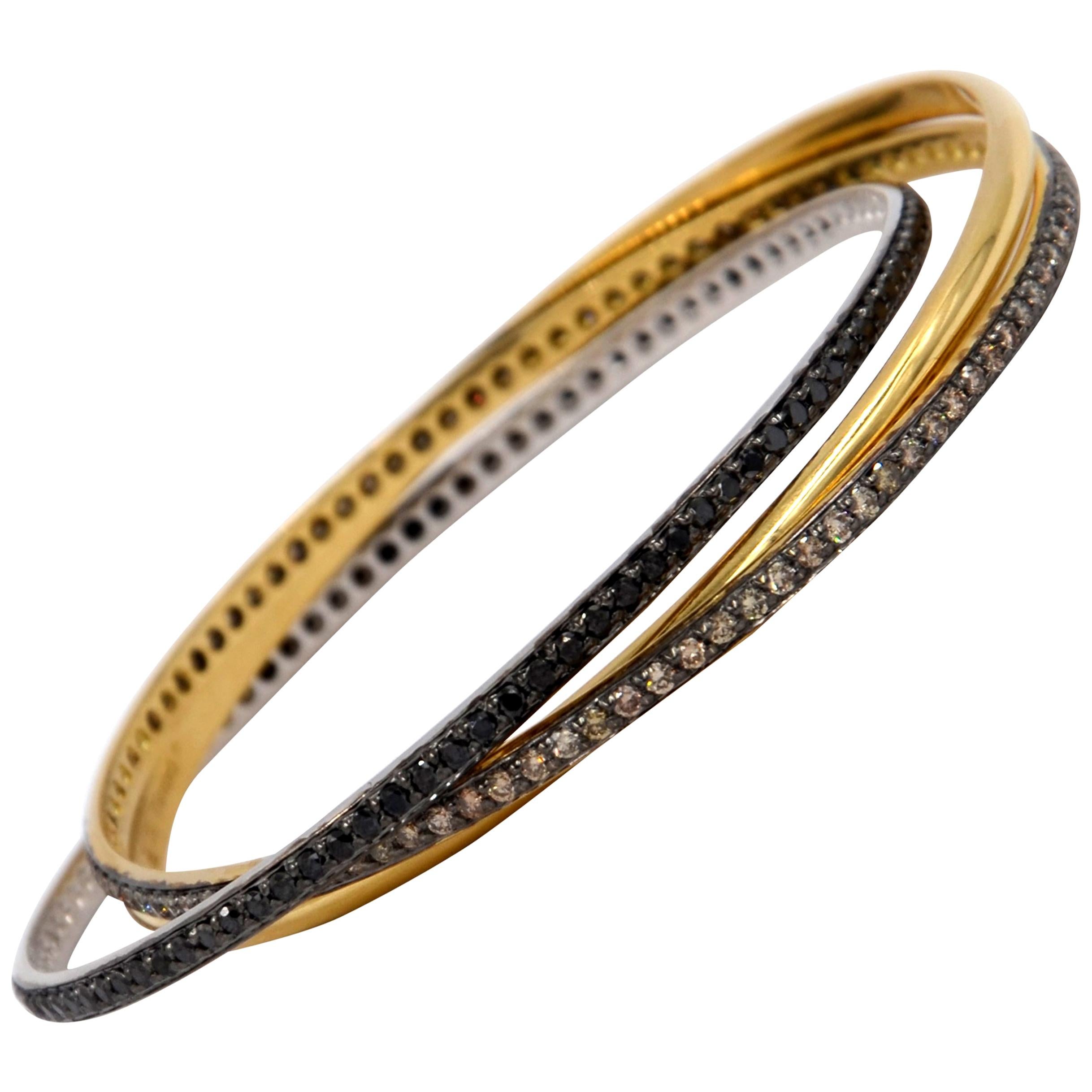 Garavelli Bracelet jonc à volutes en or jaune 18 carats et diamants noirs et bruns en vente