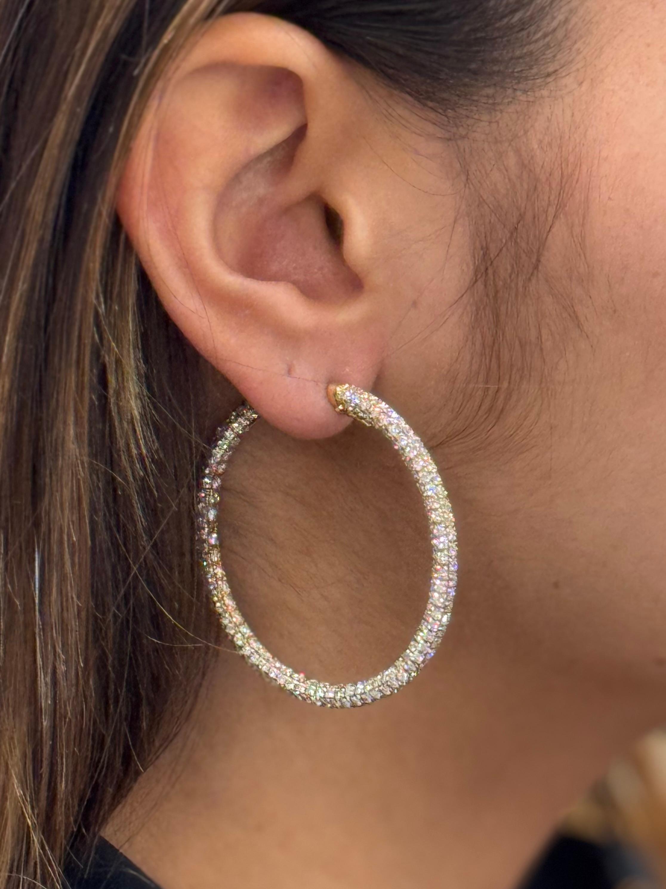 Garavelli 18 Karat Yellow Gold Diamond Eternity Hoop Earrings For Sale 7