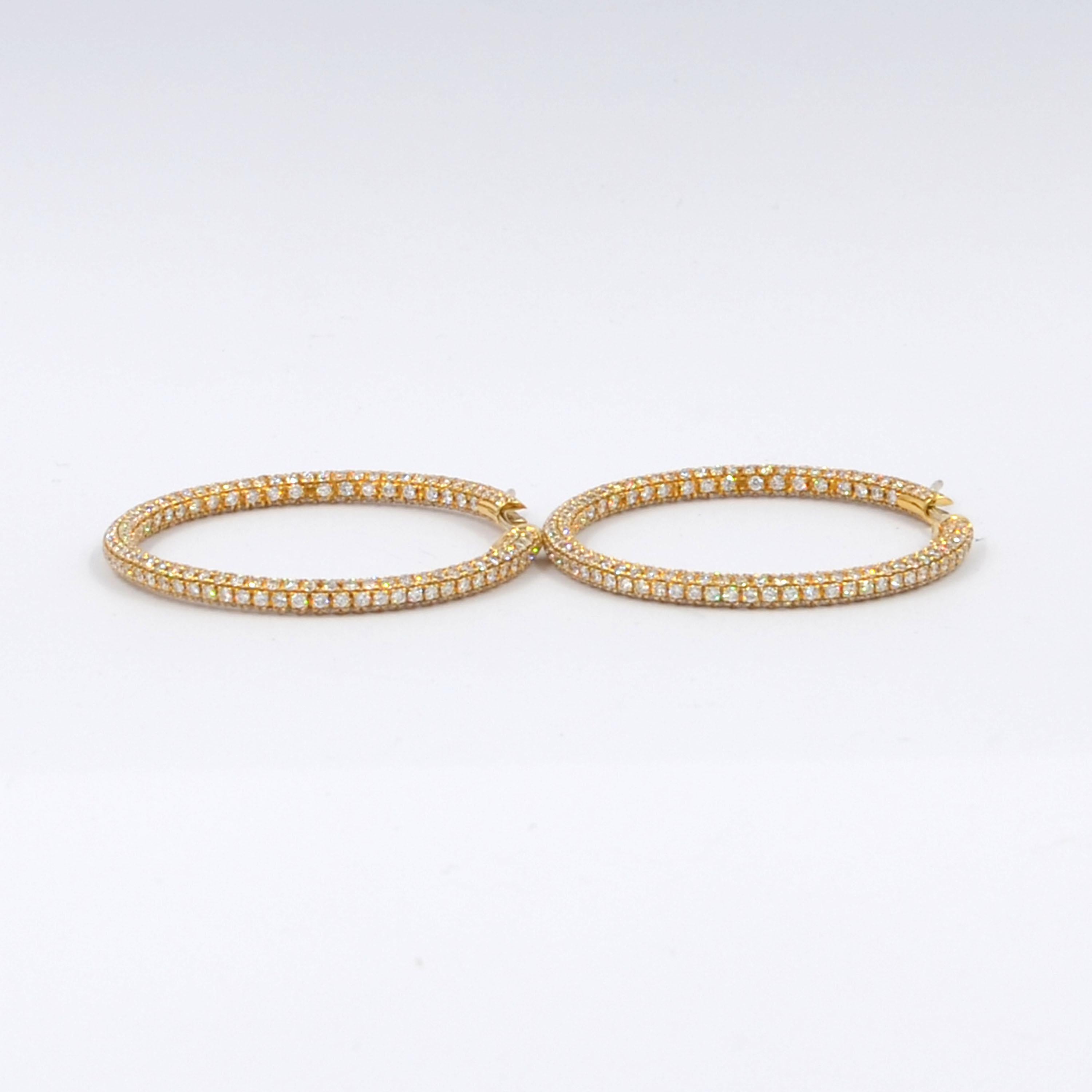 Round Cut Garavelli 18 Karat Yellow Gold Diamond Eternity Hoop Earrings For Sale