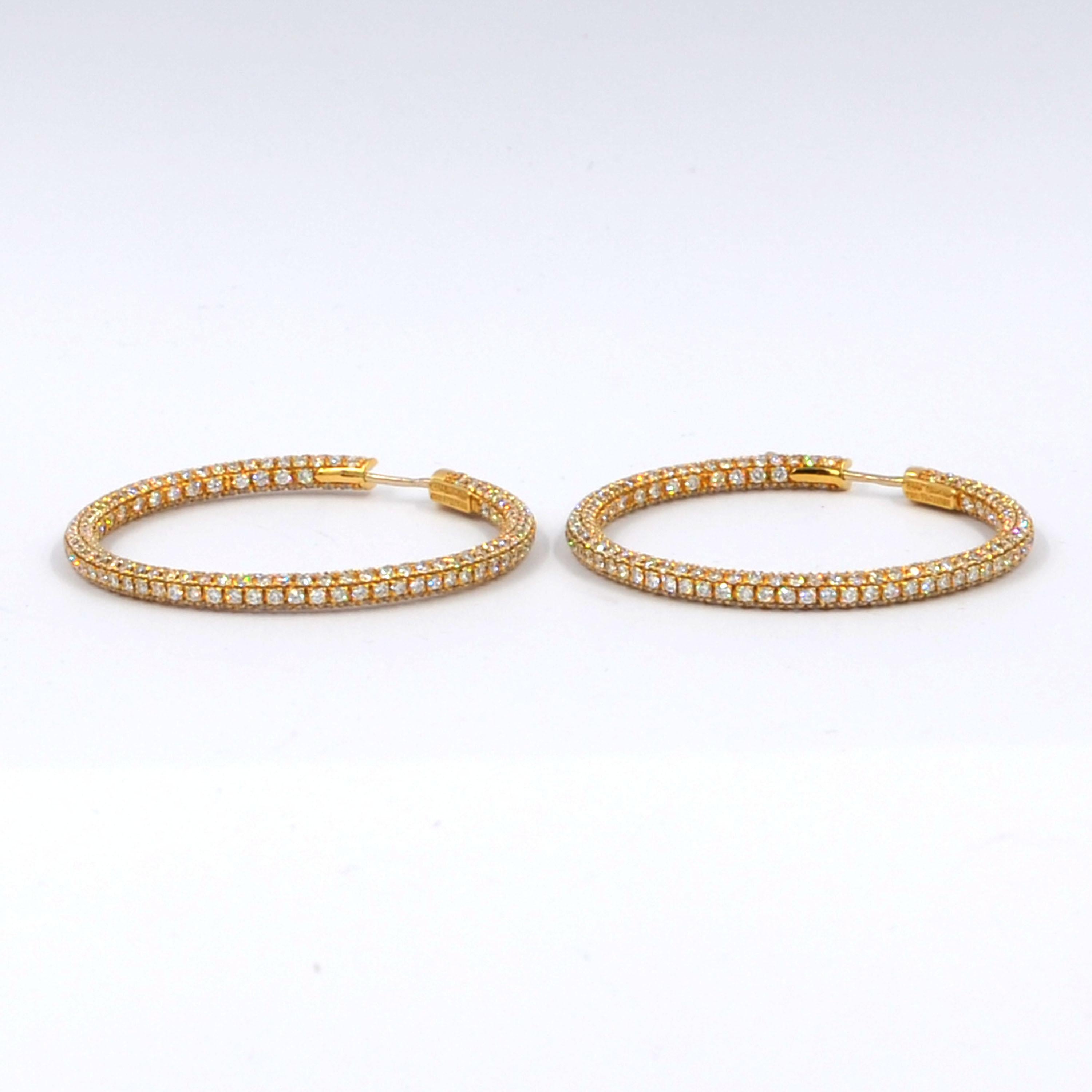 Women's Garavelli 18 Karat Yellow Gold Diamond Eternity Hoop Earrings For Sale