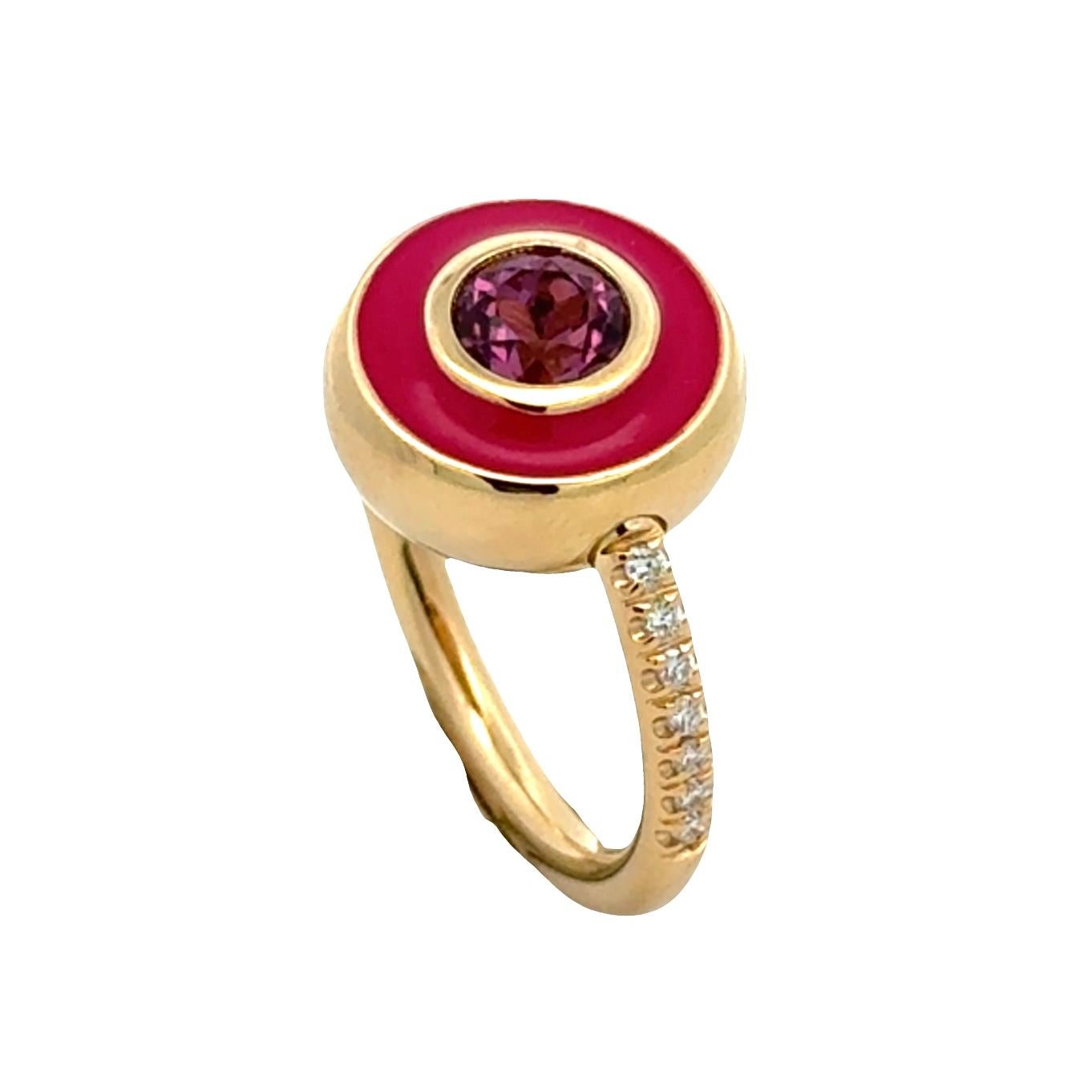 Garavelli Bague Giotto en or jaune 18 carats, émail fucsia et rodolite en vente 7