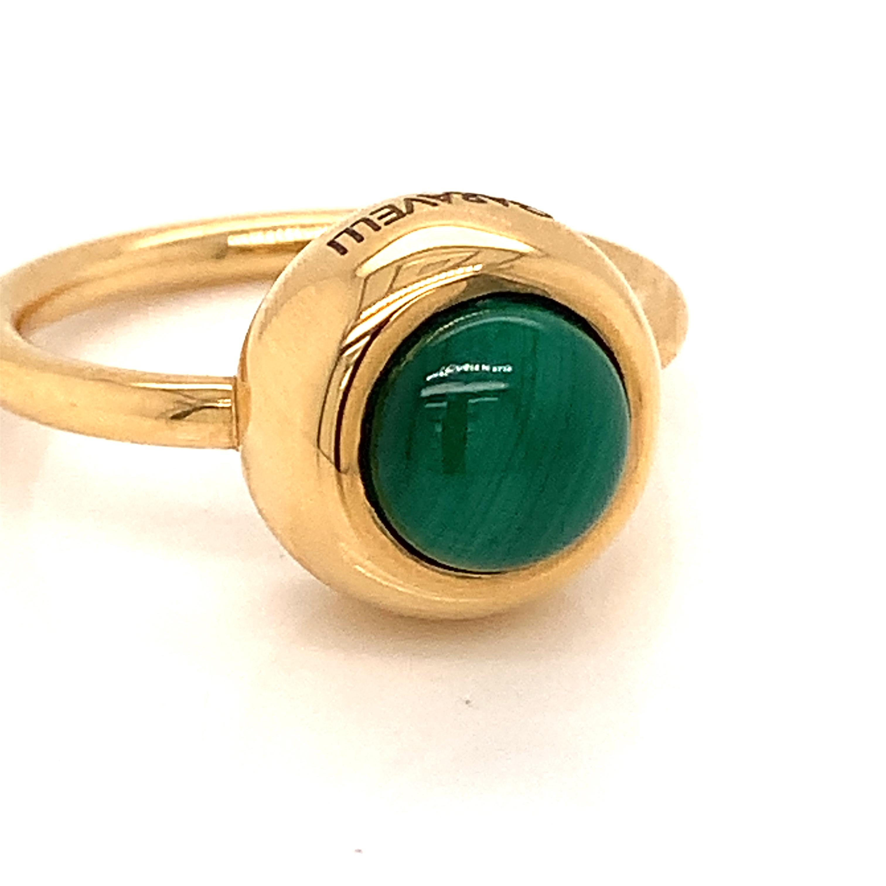Anello Garavelli Collezione Giotto in oro giallo 18 carati con malachite.  Anello misura 54 Misura USA 6,5-6,75
La testa d'oro dell'anello ha un diametro di 12 mm e un'altezza di 7 mm.
La malachite ct :2.50  diametro mm 8 
ORO 18KT  GR