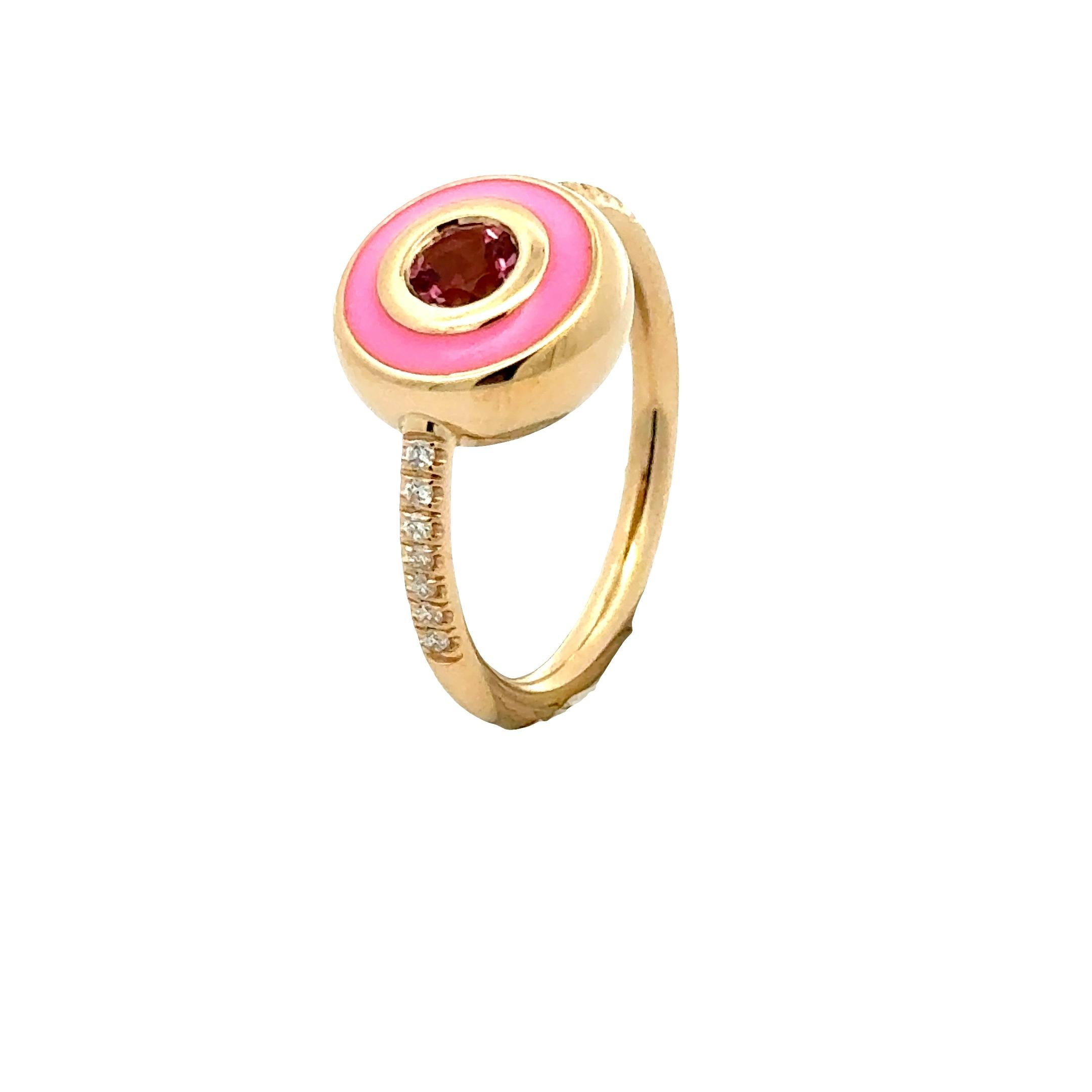 Anello Giotto Garavelli in oro giallo 18 carati con smalto rosa e tormalina rosa in vendita 4
