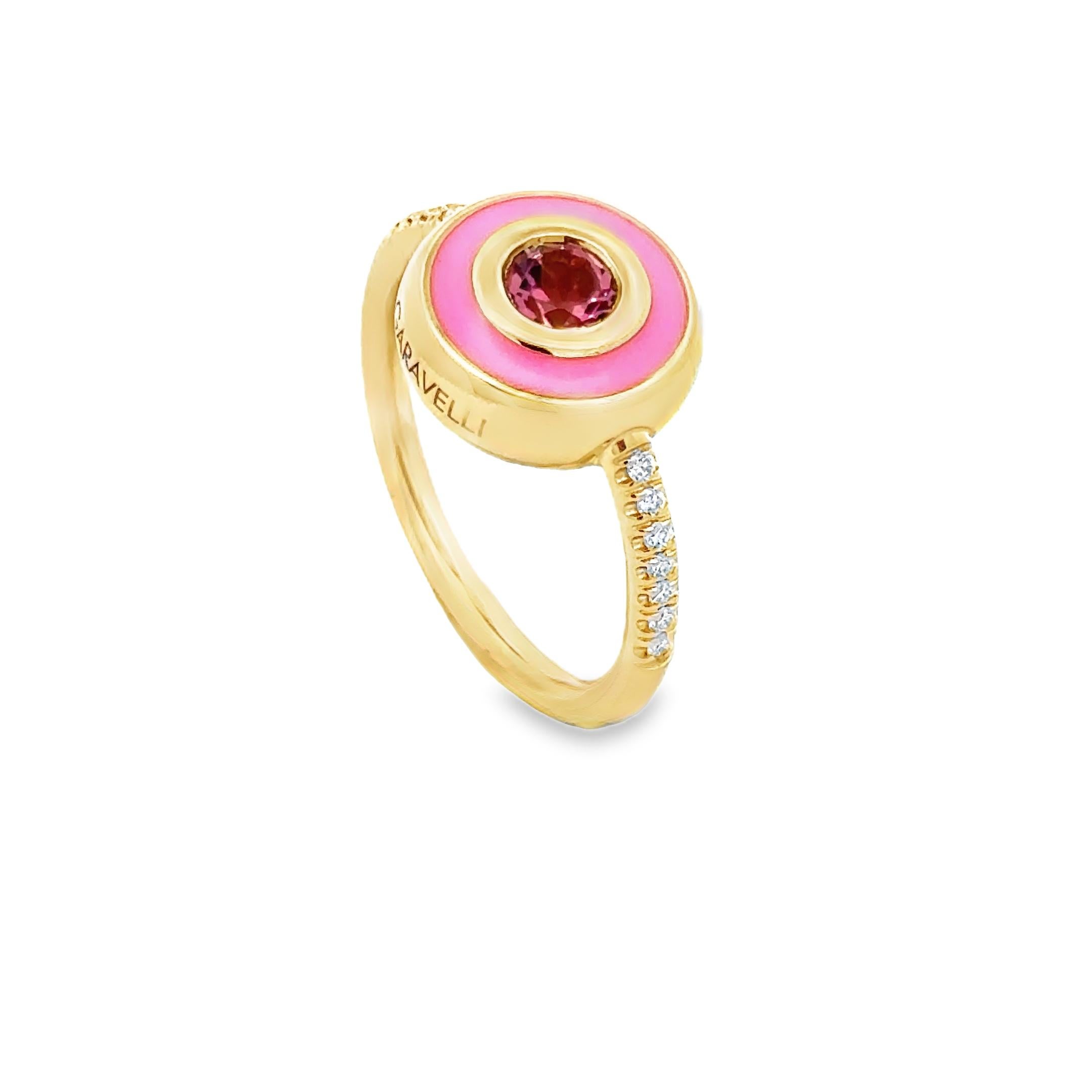 Anello Giotto Garavelli in oro giallo 18 carati con smalto rosa e tormalina rosa In condizioni Nuovo in vendita a Valenza, IT