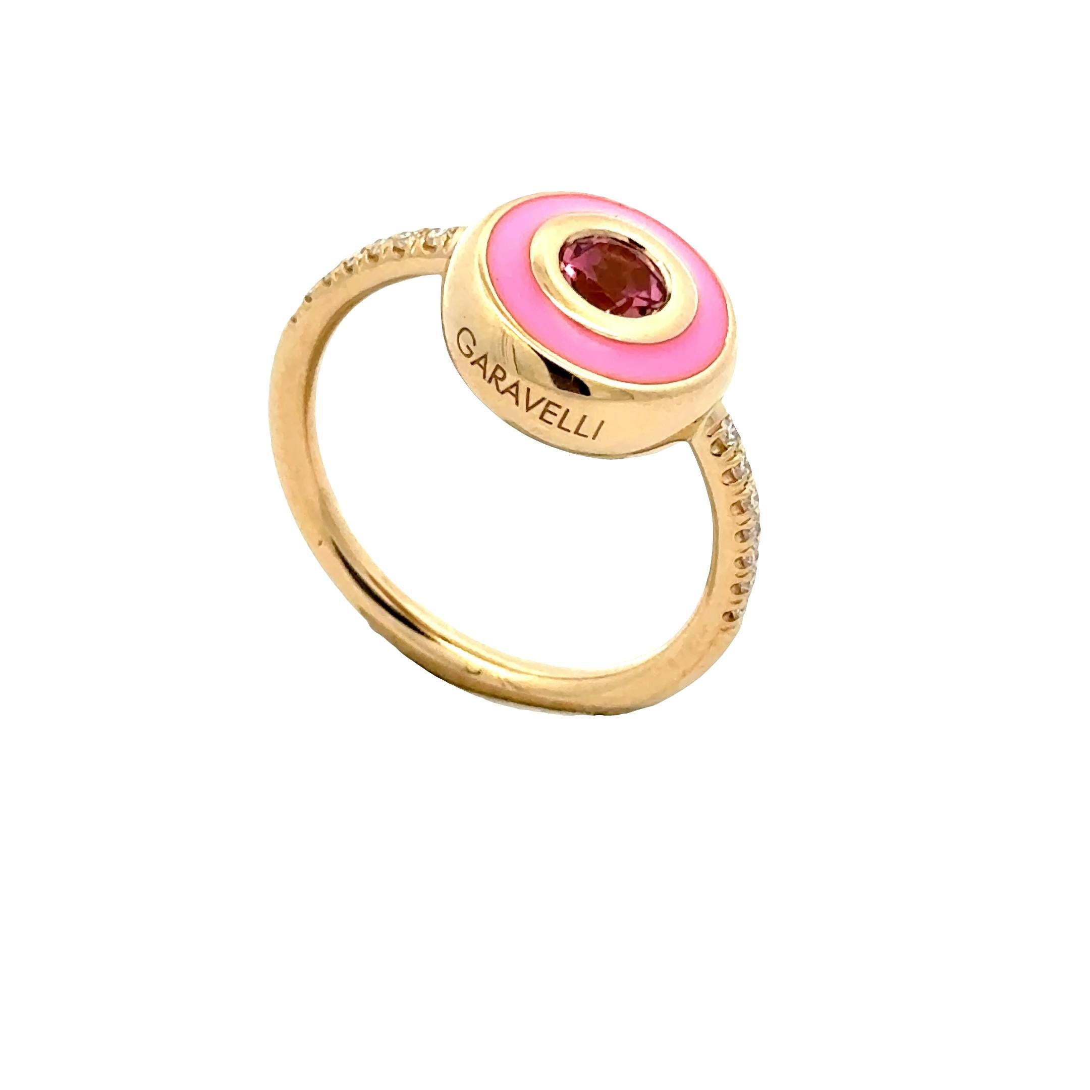 Anello Giotto Garavelli in oro giallo 18 carati con smalto rosa e tormalina rosa in vendita 3