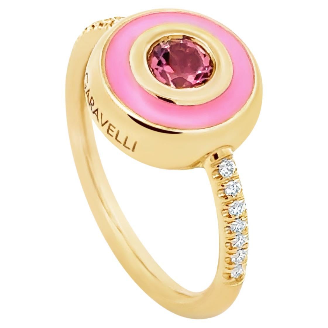 Garavelli Bague Giotto en or jaune 18 carats émail rose + tourmaline rose