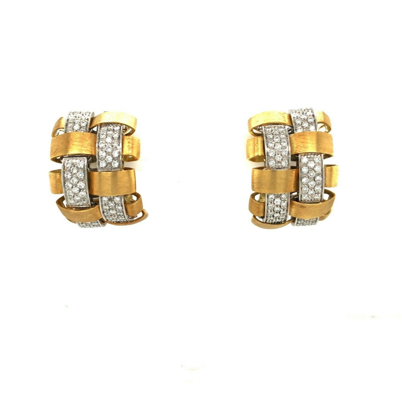 Women's or Men's Garavelli 18 Karat Yellow White Gold Diamond Lattice Half Hoop Earrings, Italy
