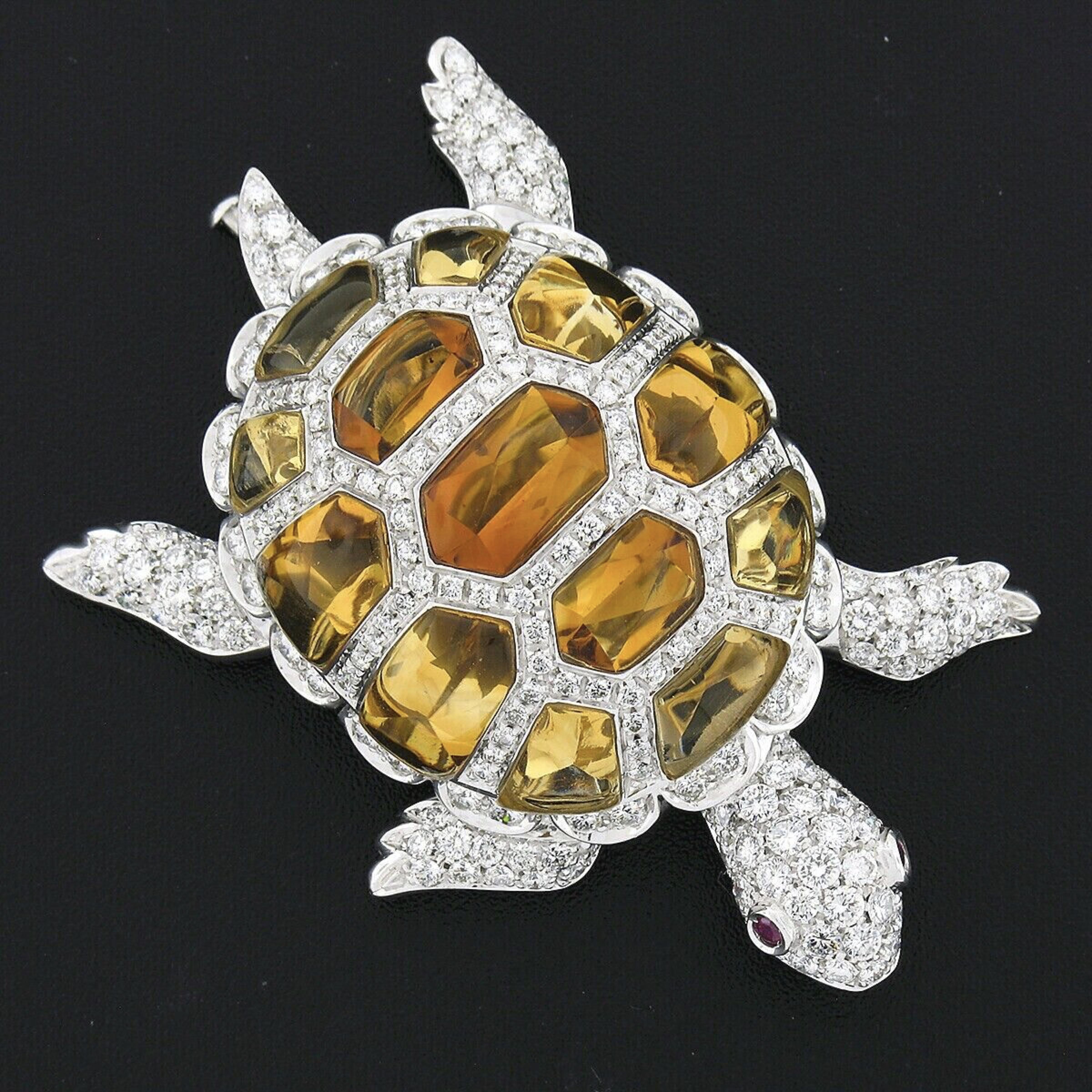 Here we have an absolutely breathtaking statement pin brooch designed by Garavelli that was crafted in Italy from solid 18k white gold. This magnificent and exceptionally well made piece features a large, highly detailed, turtle design with its