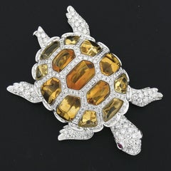 Garavelli 18k Gold 23.60ct Citrine Diamond Ruby Large Turtle Tortoise Pin Brooch