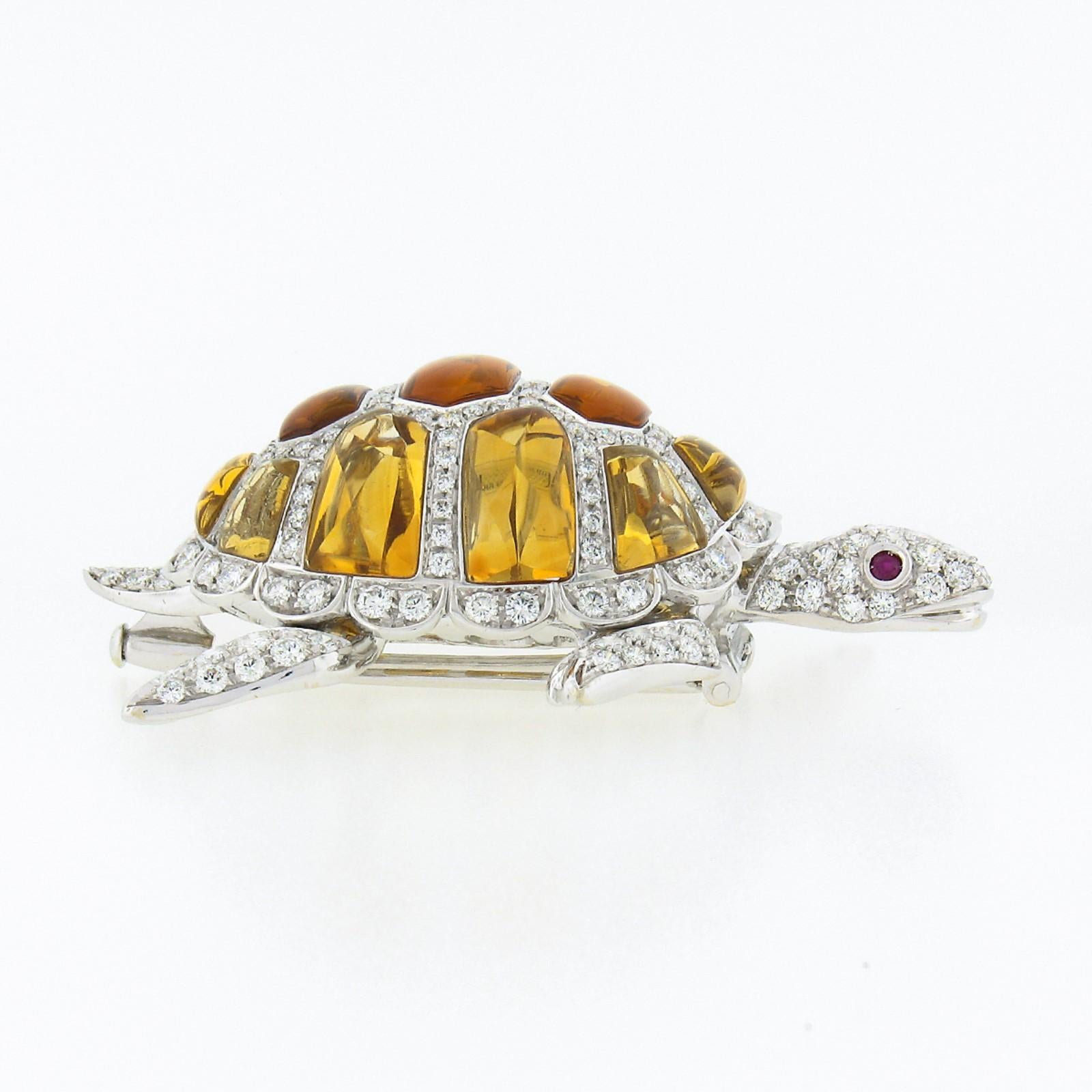 Round Cut Garavelli 18k Gold 23.60ct Citrine Diamond Ruby Large Turtle Tortoise Pin Brooch