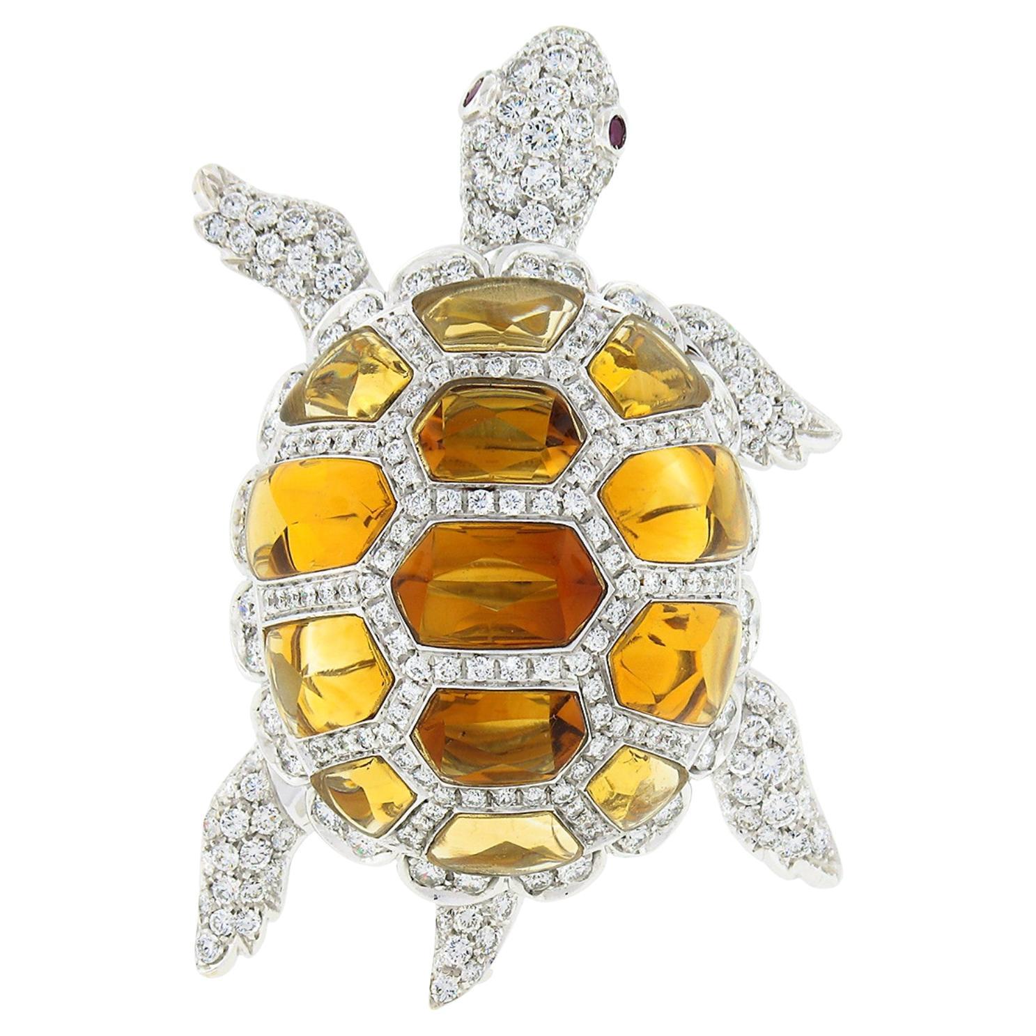 Garavelli 18k Gold 23.60ct Citrine Diamond Ruby Large Turtle Tortoise Pin Brooch