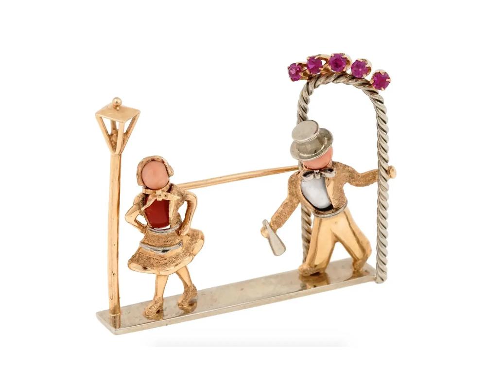 Garavelli 18 Karat Gold Rubin Koralle Perle Anstecknadelbrosche (Rundschliff) im Angebot