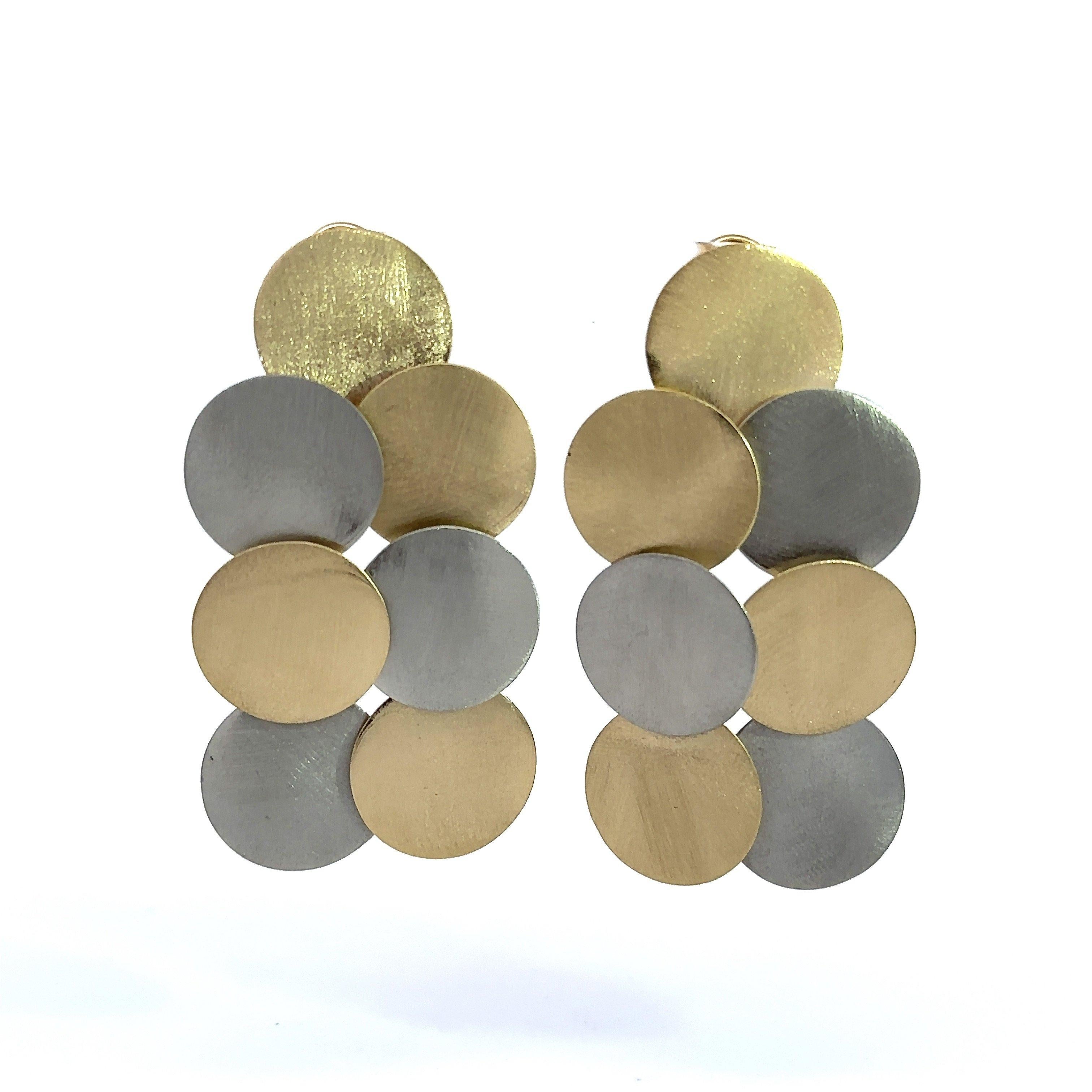 Garavelli 18KT brushed yellow gold, and 18KT brushed white gold cascading disc earrings with lever back closures. The earrings measure approximately 2.25