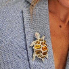 Garavelli 18 Karat White Gold, 4.58 Carat Diamond Turtle Brooch with Citrines