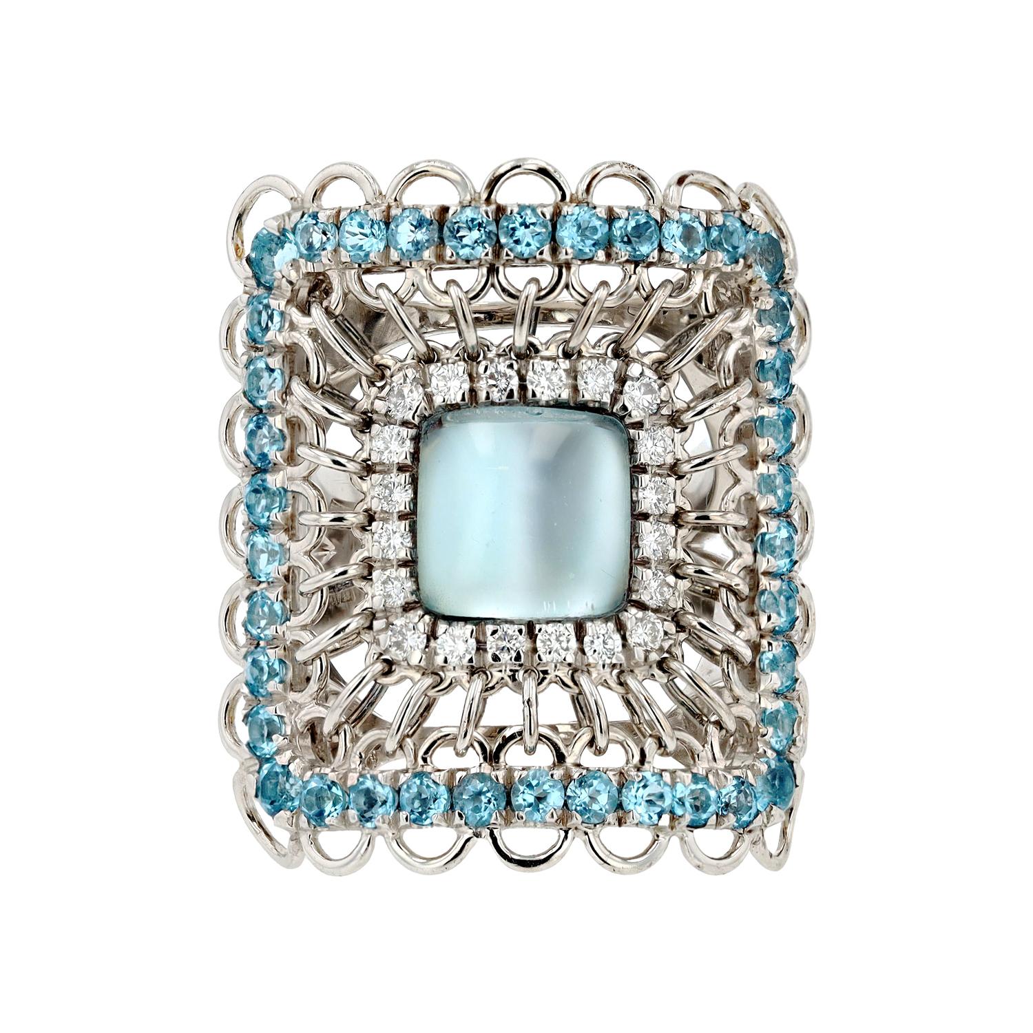 Renaissance Revival Garavelli Aquamarine & Diamond 18k White Gold Shield Cocktail Ring For Sale