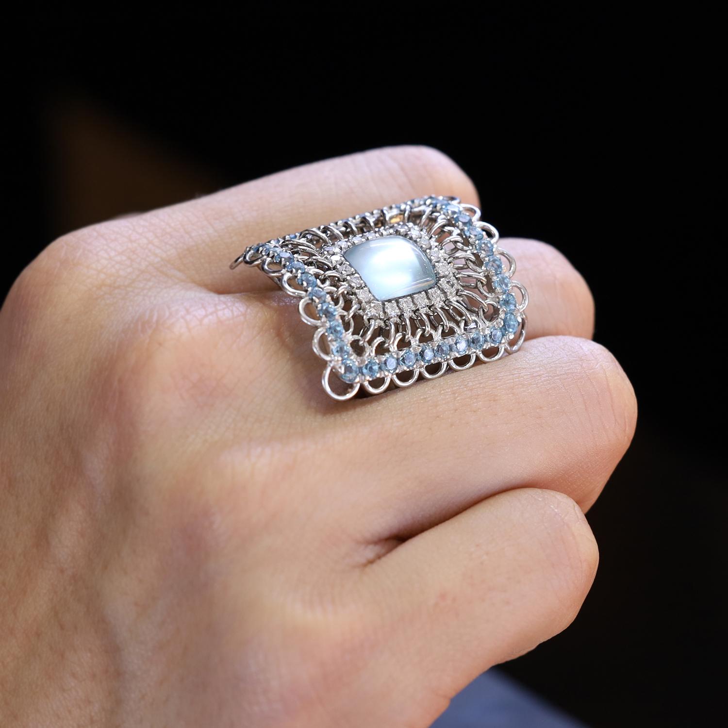 Cabochon Garavelli Aquamarine & Diamond 18k White Gold Shield Cocktail Ring For Sale