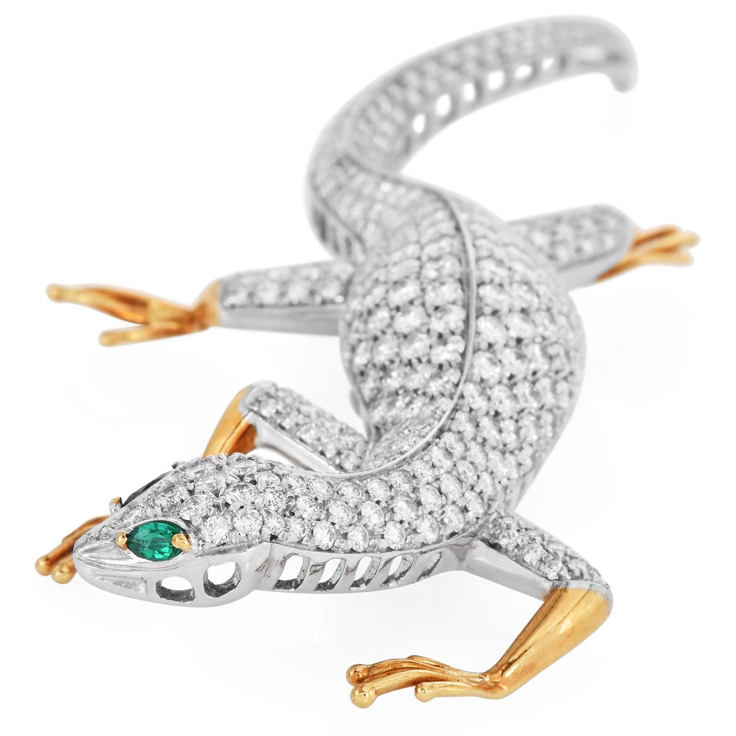 Round Cut GARAVELLI Diamond 7.92cts Emerald 18K Gold Lizard Pin For Sale