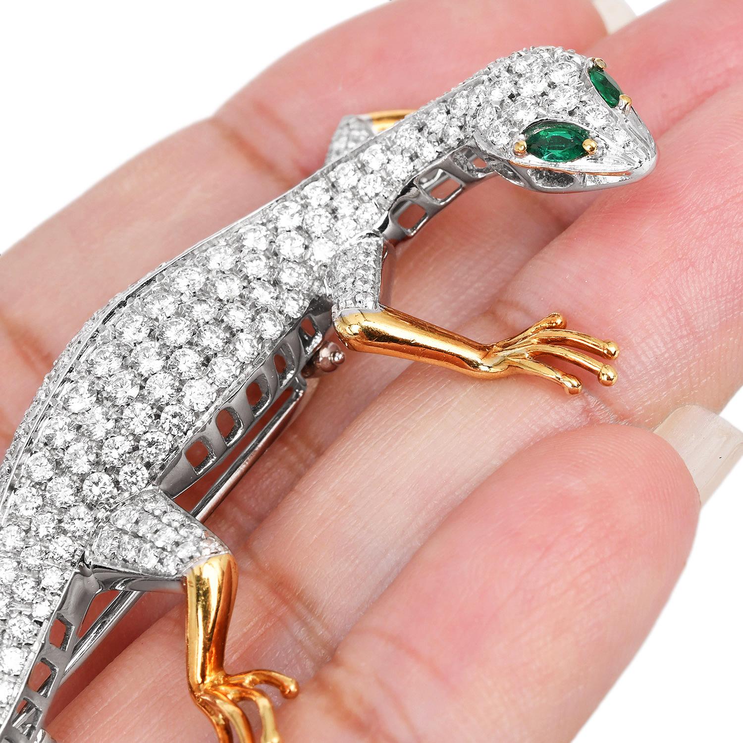 GARAVELLI Diamond 7.92cts Emerald 18K Gold Lizard Pin For Sale 1
