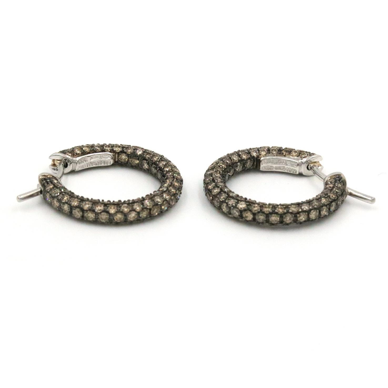 Garavelli Eternity Pave Hoop Champagne Diamond Earrings in 18K White Gold In Excellent Condition For Sale In Naples, FL