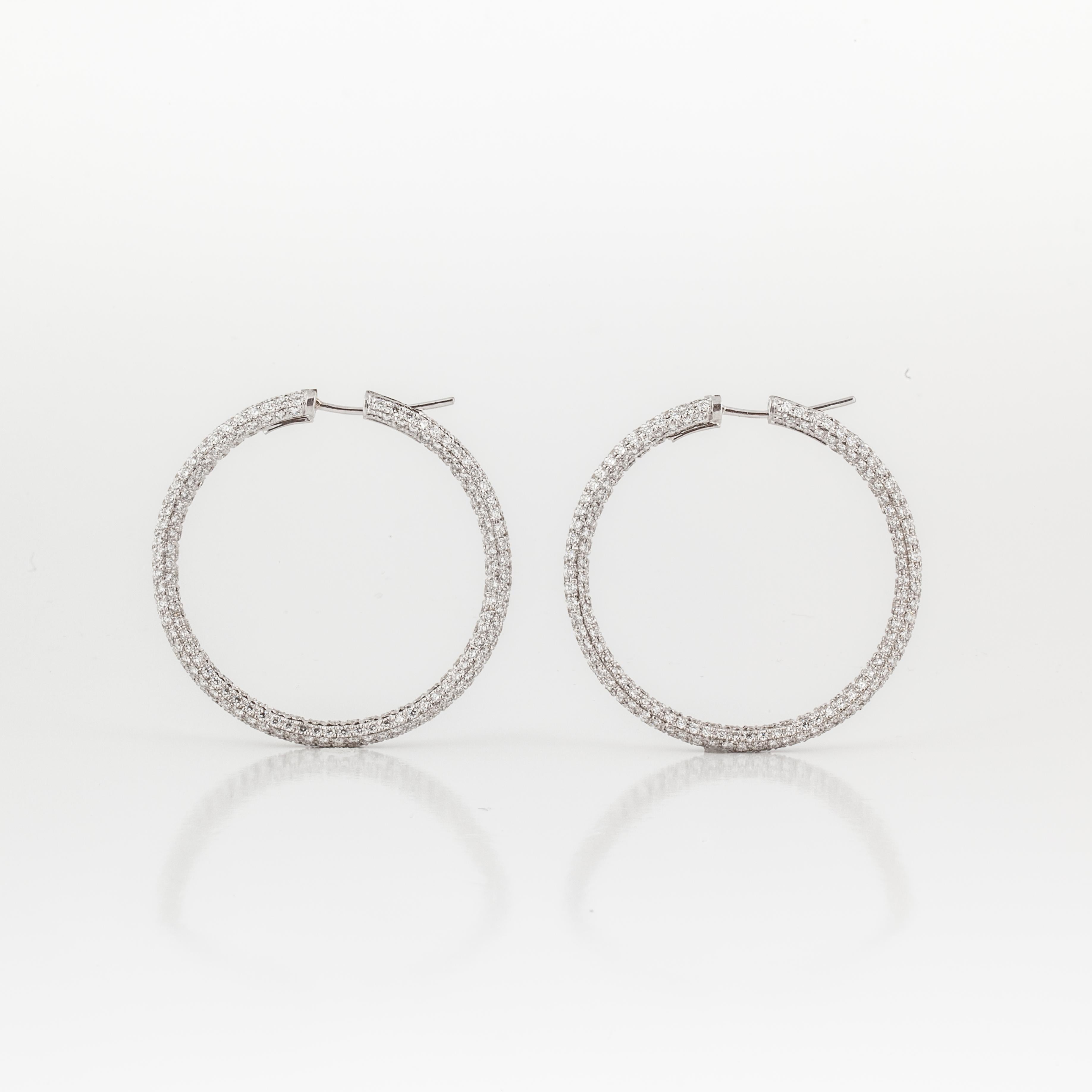 18K white gold pavé diamond hoop earrings marked 