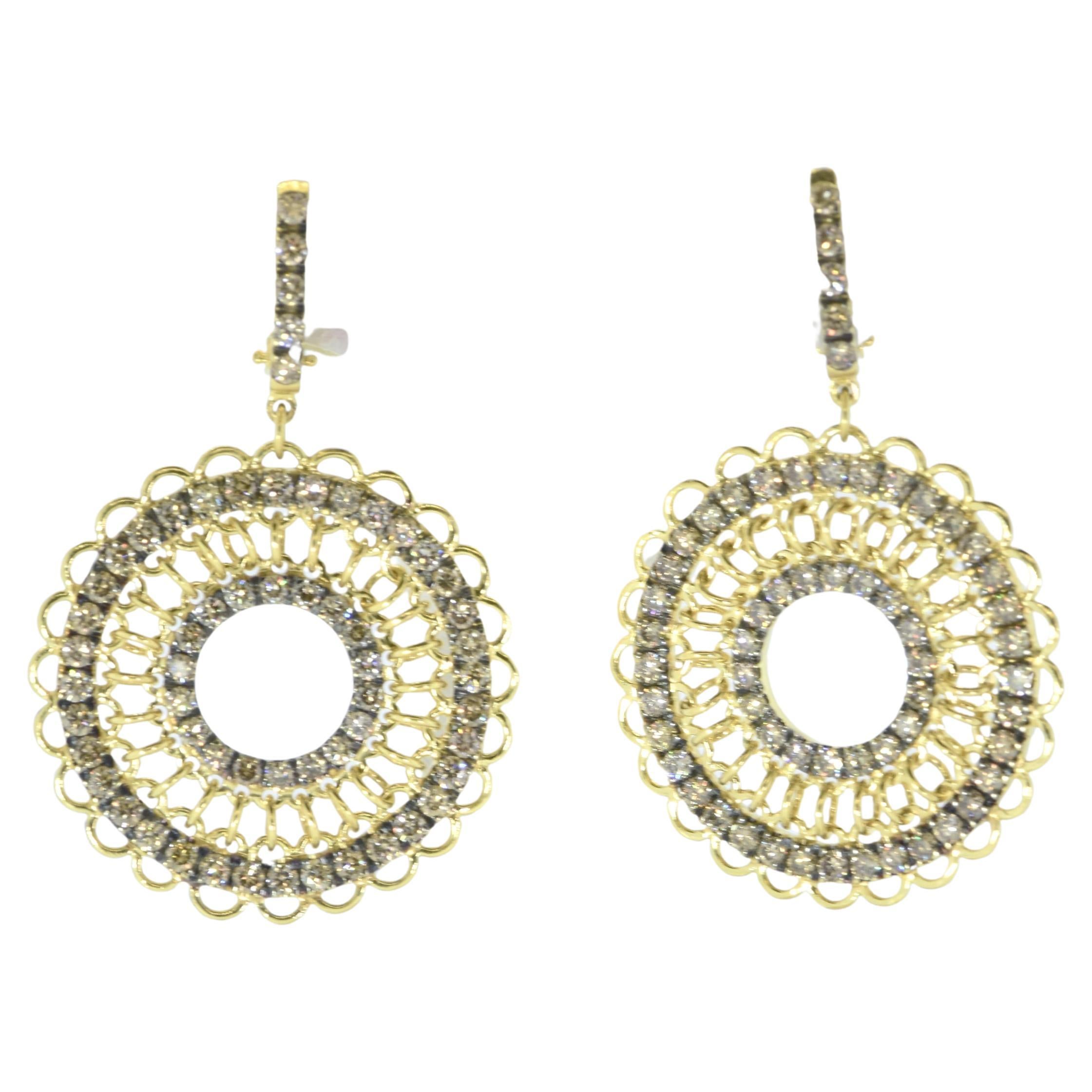 Garavelli Rinascimento earrings,  from their renaissance collection, crafted in in both yellow and white gold.  They are 1.75 inches long, and possessing 118 brilliant cut diamonds.  The diamonds are a fancy yellow/brown color set in 18K blackened