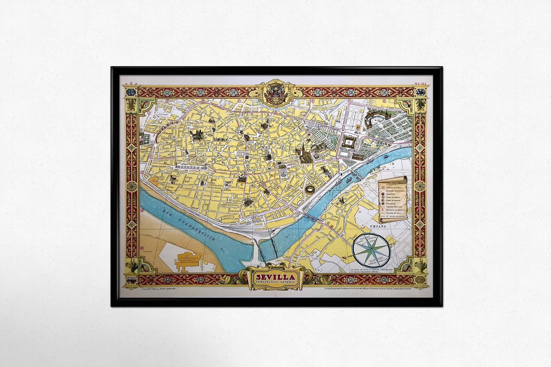 1950 original map by Garcia Fuentes Manuel - Sevilla Perspectiva General For Sale 1