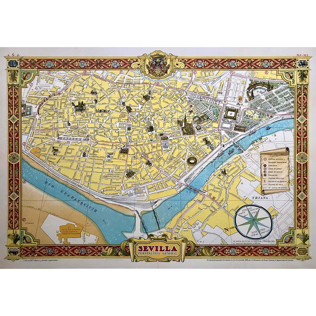 The 1950 original map by Garcia Fuentes Manuel, titled "Sevilla Perspectiva General," offers a comprehensive and detailed overview of Seville as it stood in the mid-20th century, showcasing the city's intricate layout and prominent landmarks. Garcia