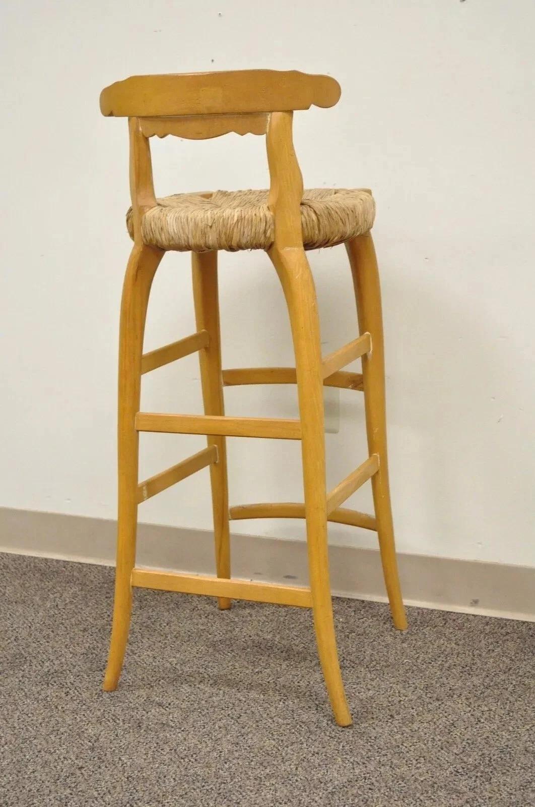 Garcia Imports Spain French Country Primitive Wooden Rush Seat Bar Stool Chair In Good Condition For Sale In Philadelphia, PA