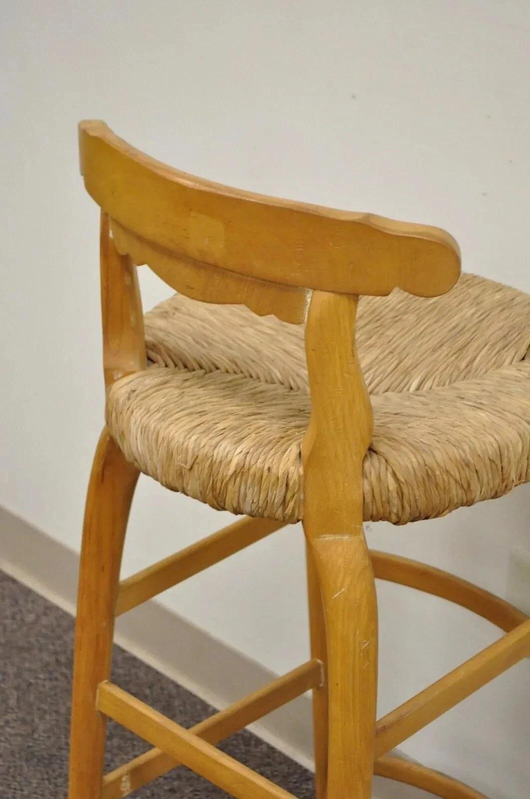 20th Century Garcia Imports Spain French Country Primitive Wooden Rush Seat Bar Stool Chair For Sale