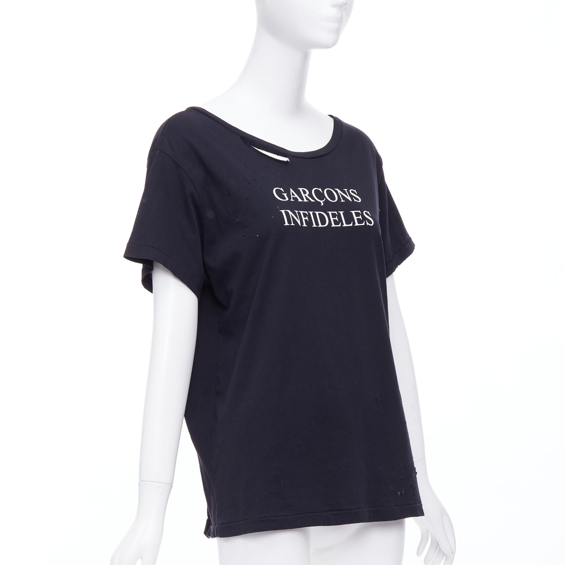 Black GARCONS INFIDELES black cotton white logo distressed tshirt M For Sale