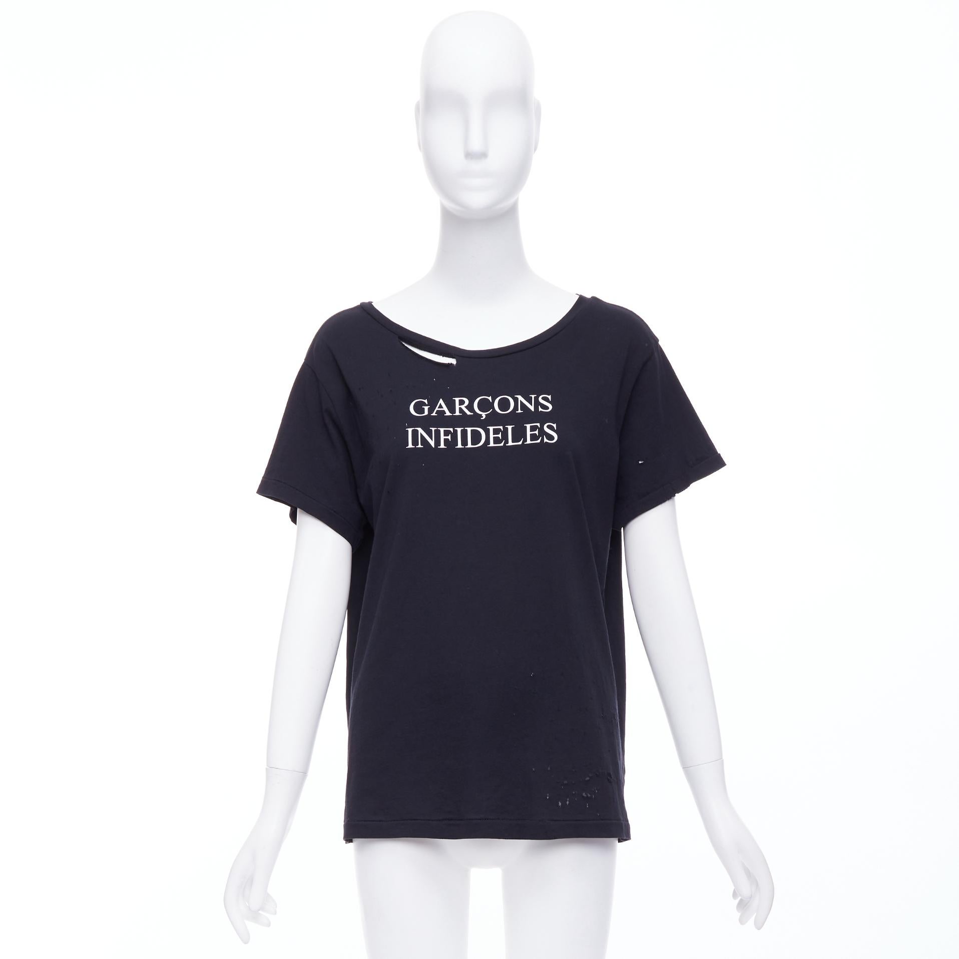 GARCONS INFIDELES black cotton white logo distressed tshirt M For Sale 4