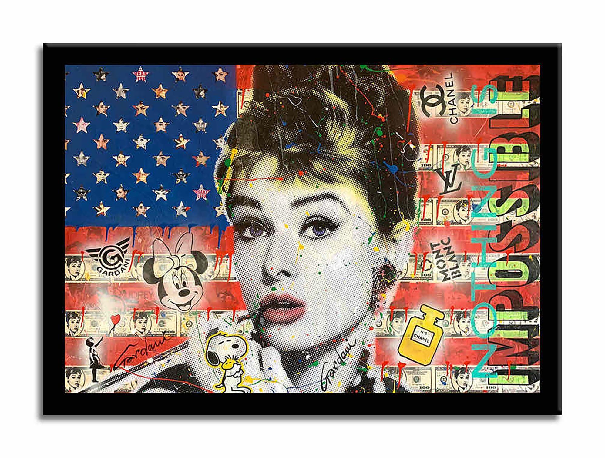 Audrey Hepburn Flag â€“ Original Painting on canvas, Painting, Acrylic on Canvas For Sale 1