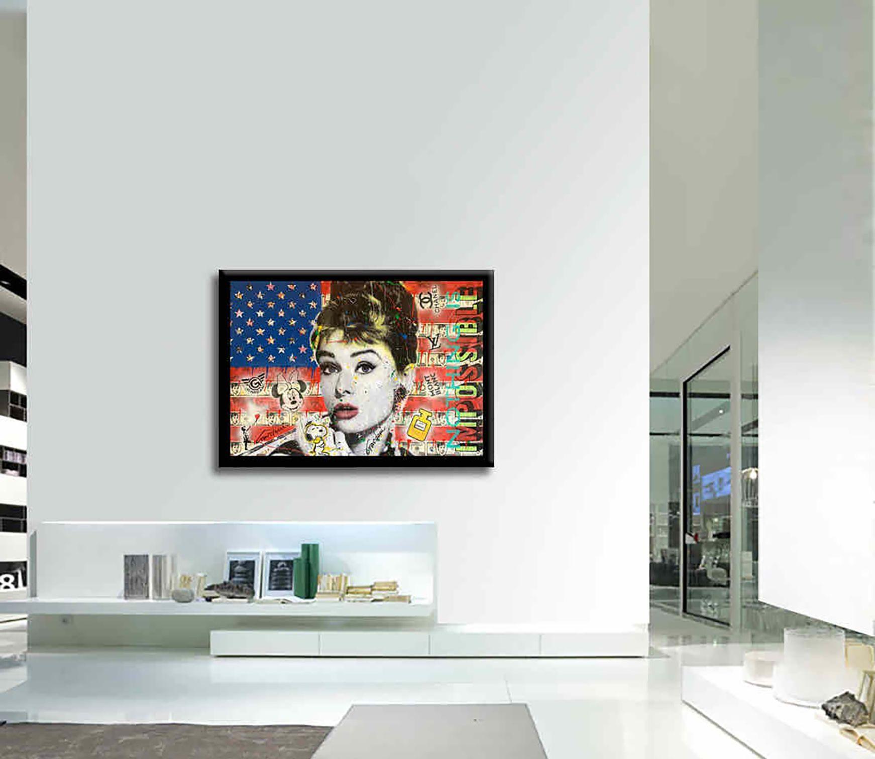 Audrey Hepburn Flag â€“ Original Painting on canvas, Painting, Acrylic on Canvas For Sale 2