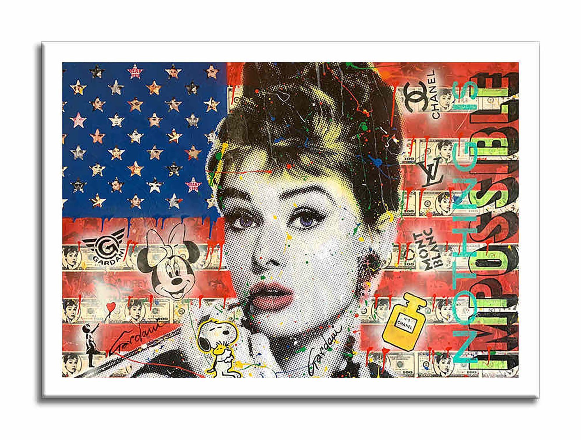 Audrey Hepburn Flag â€“ Original Painting on canvas, Painting, Acrylic on Canvas For Sale 3