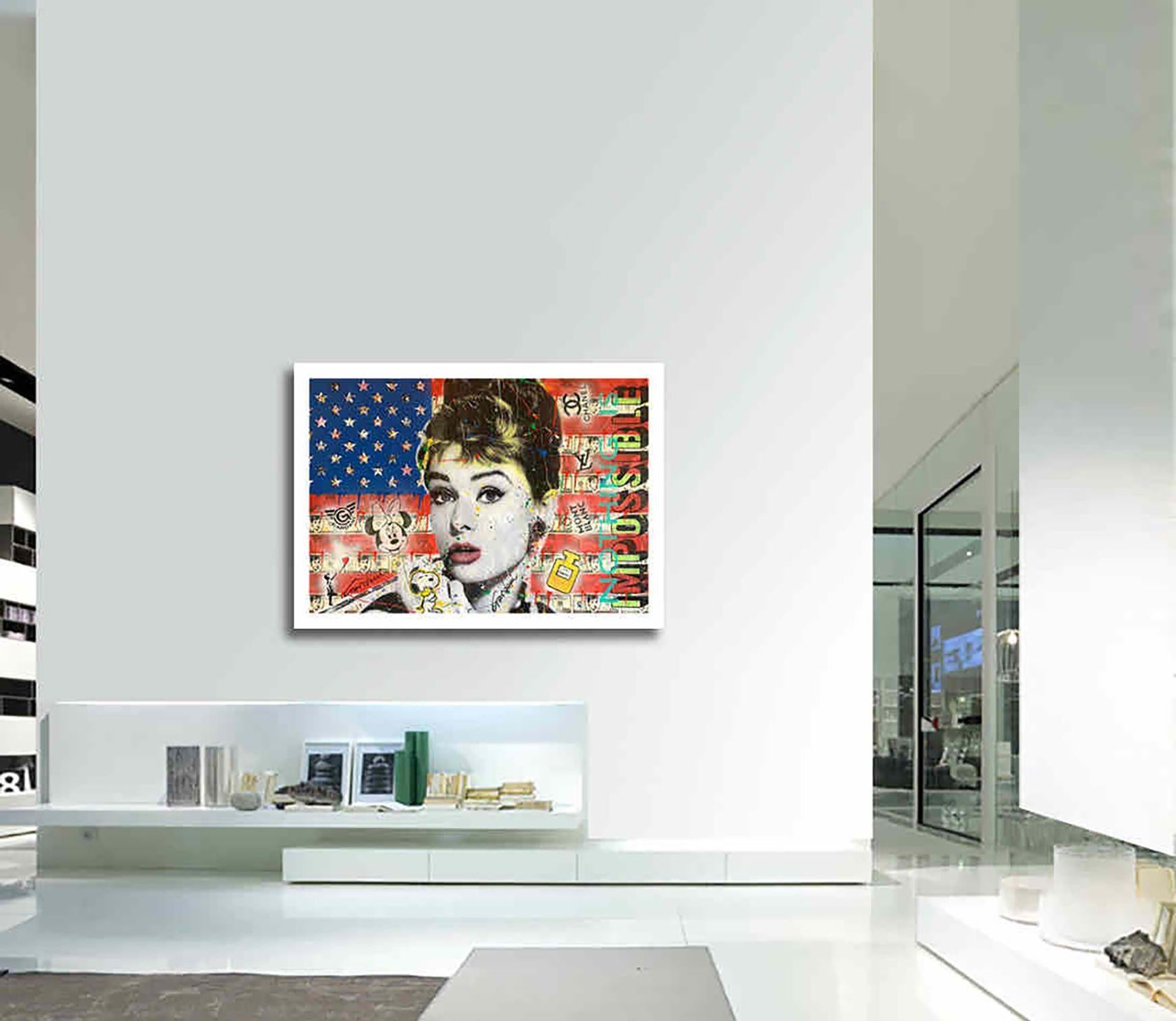 Audrey Hepburn Flag â€“ Original Painting on canvas, Painting, Acrylic on Canvas For Sale 4