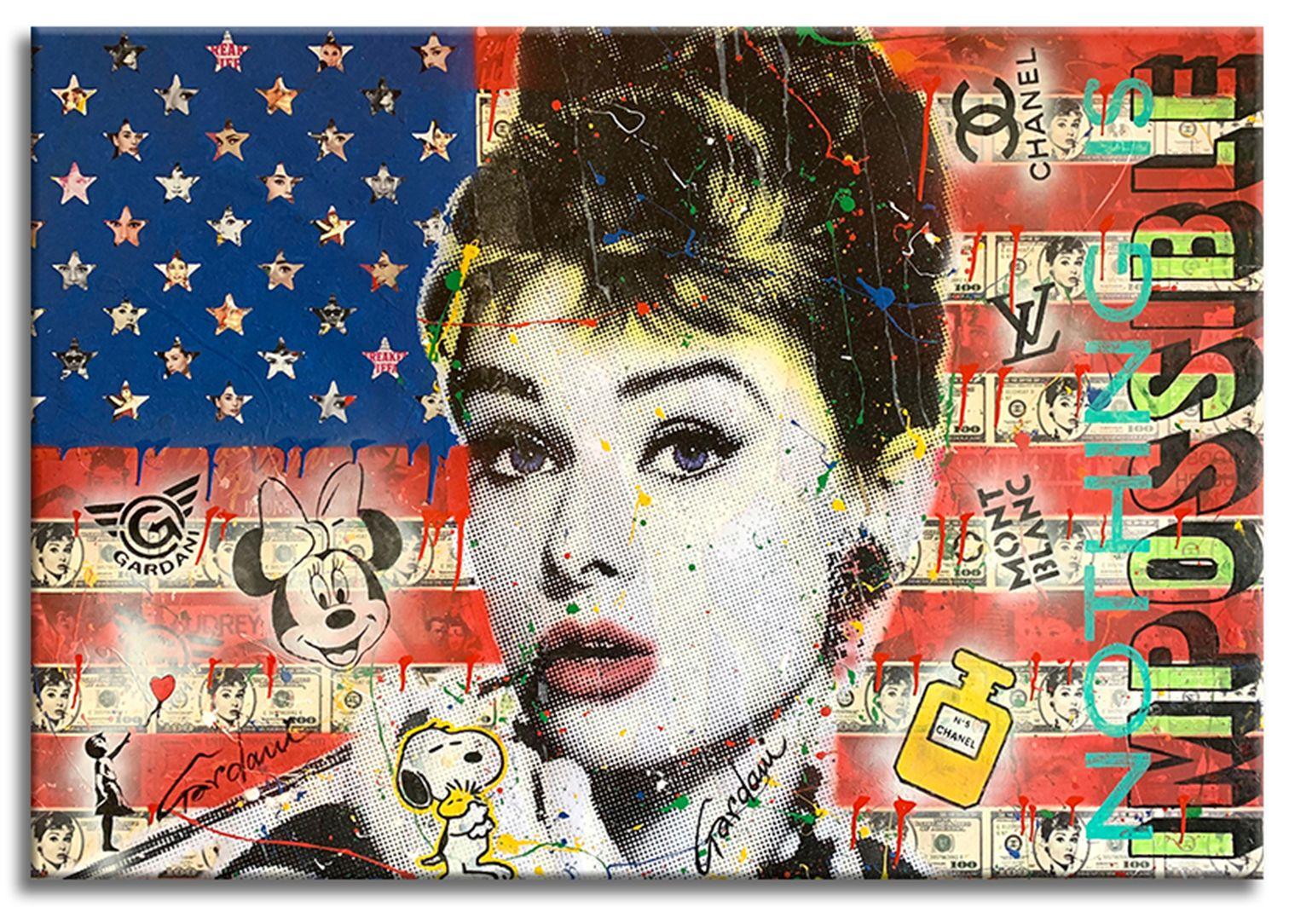 Bandera de Audrey Hepburn - Pintura original sobre lienzo, Pintura, Acrílico sobre lienzo - Painting de Gardani Art
