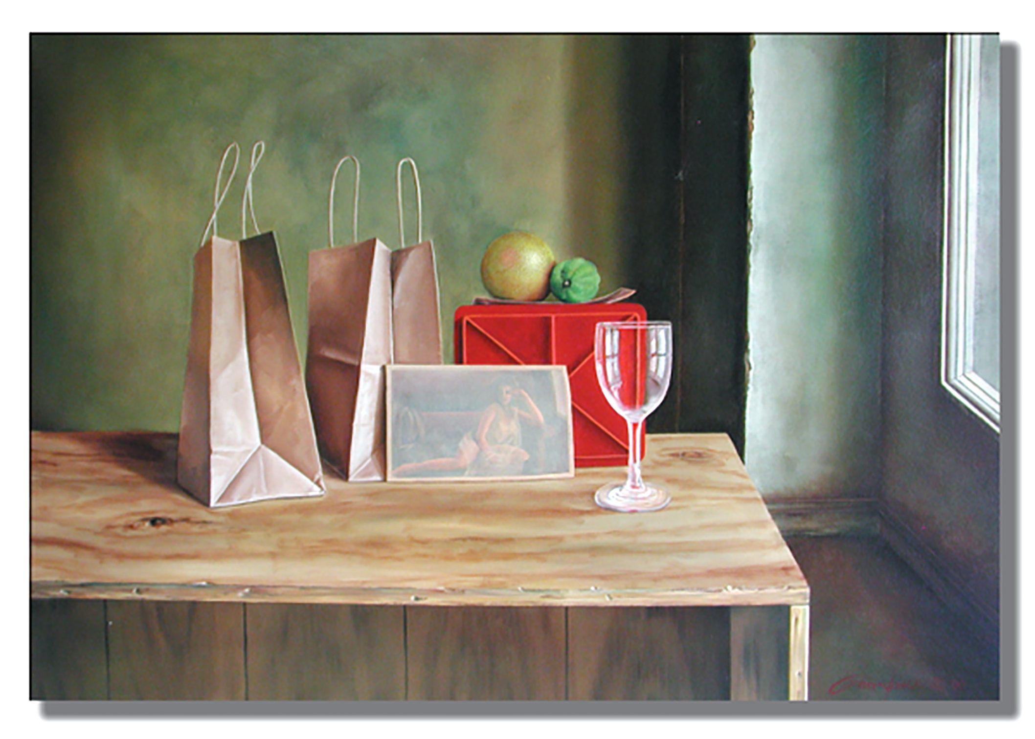 Mädchen und zwei Taschen, Gemälde, Öl auf Leinwand (Realismus), Painting, von Gardani Art