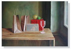 Girl and two bags, Painting, Oil on Canvas