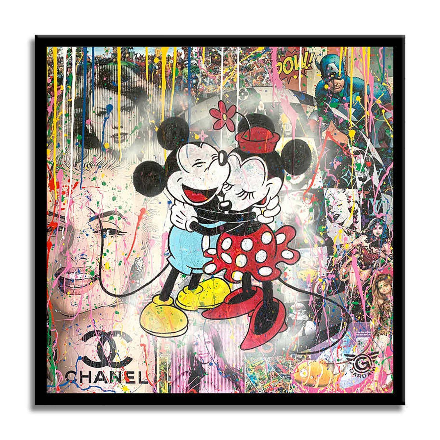 Mickey Hug in Paris - Peinture sur toile originale, peinture, acrylique sur toile - Pop Art Painting par Gardani Art