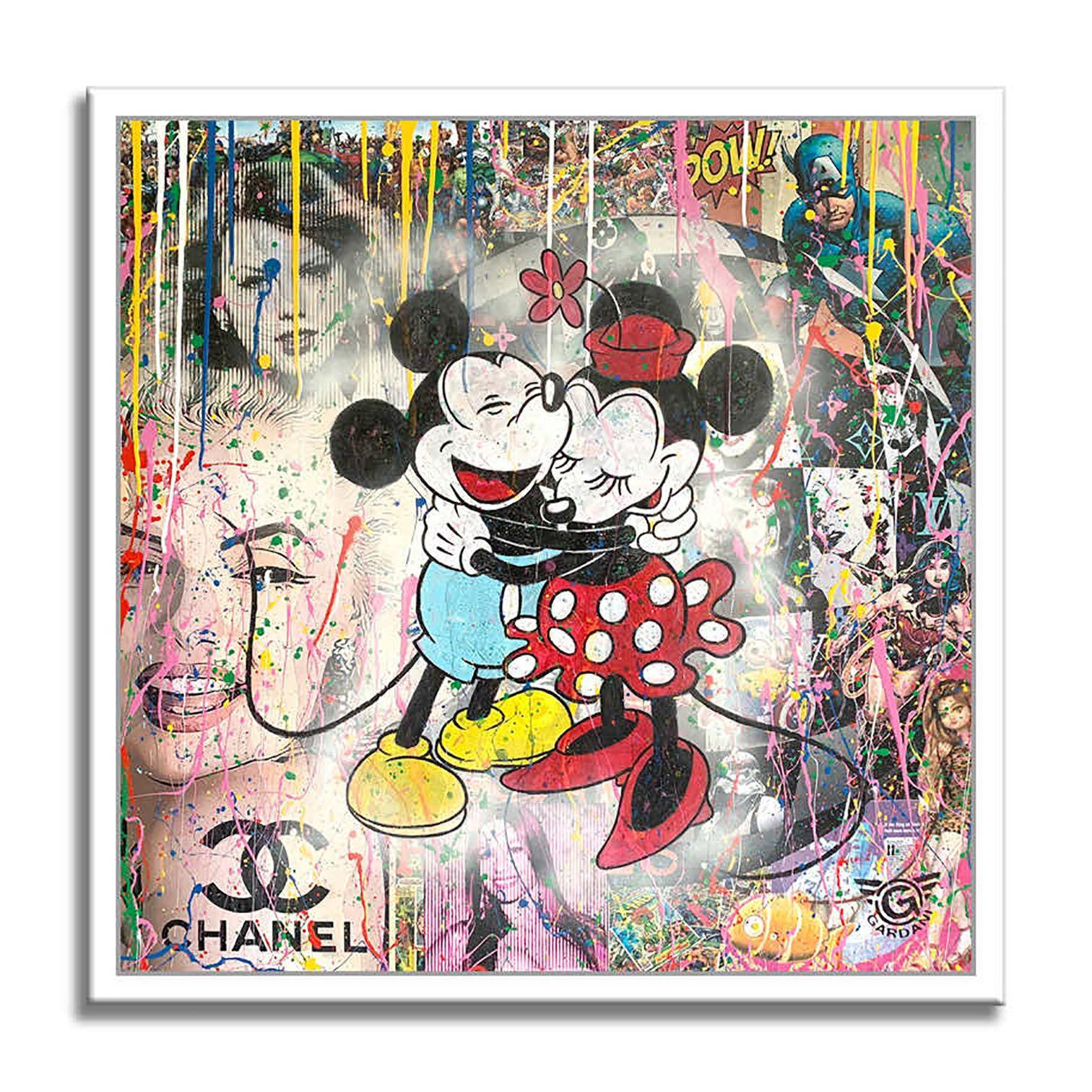Mickey Hug in Paris - Peinture sur toile originale, peinture, acrylique sur toile en vente 1