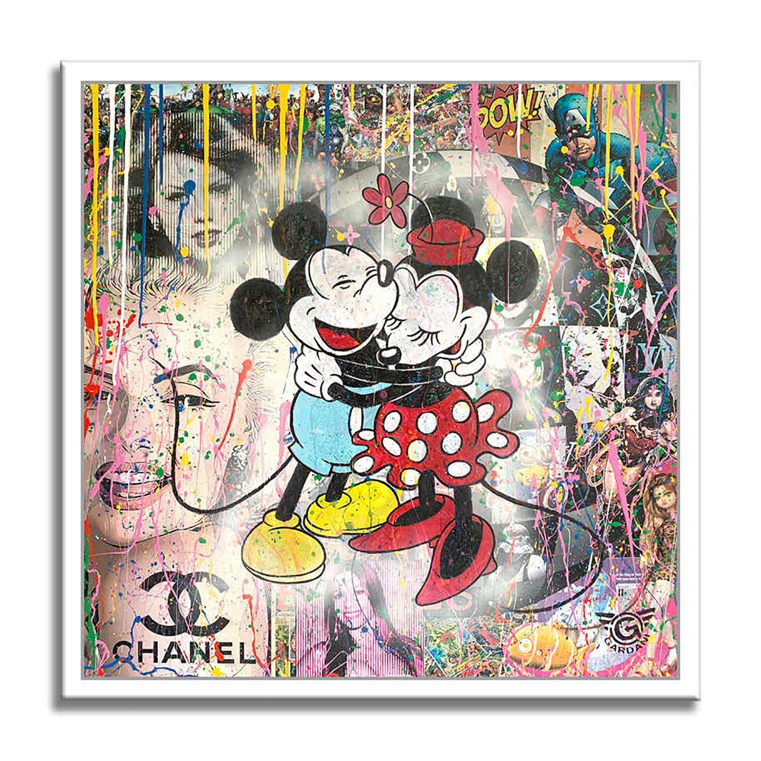 Abrazo de Mickey en París - Pintura original sobre lienzo, Pintura, Acrílico sobre lienzo en venta 1