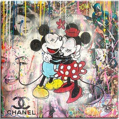 Mickey Hug in Paris - Original Painting on Canvas, Painting, Acrylic on Canvas