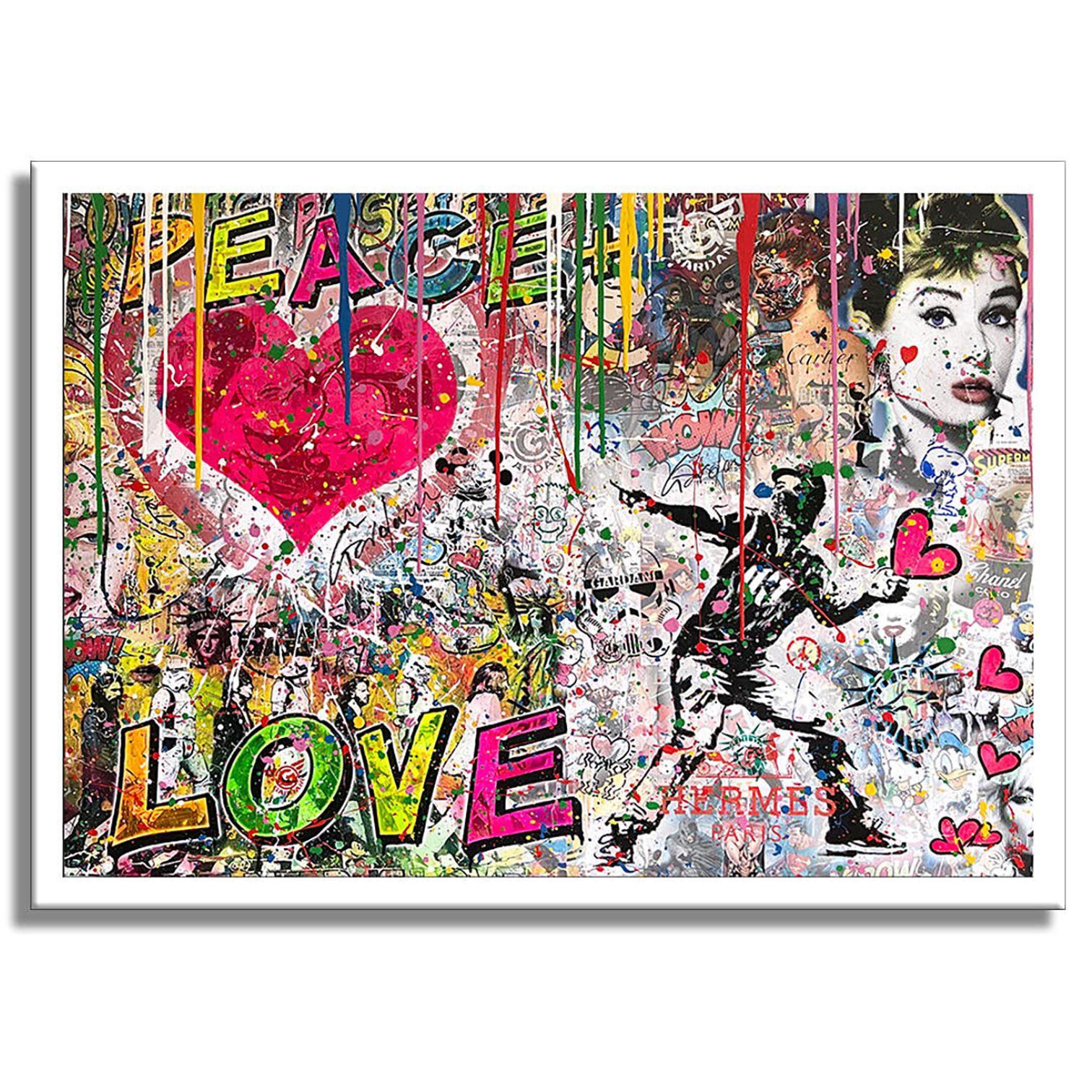 Peace Plus Love - Peinture originale sur toile, Peinture, Acrylique sur toile - Pop Art Painting par Gardani Art