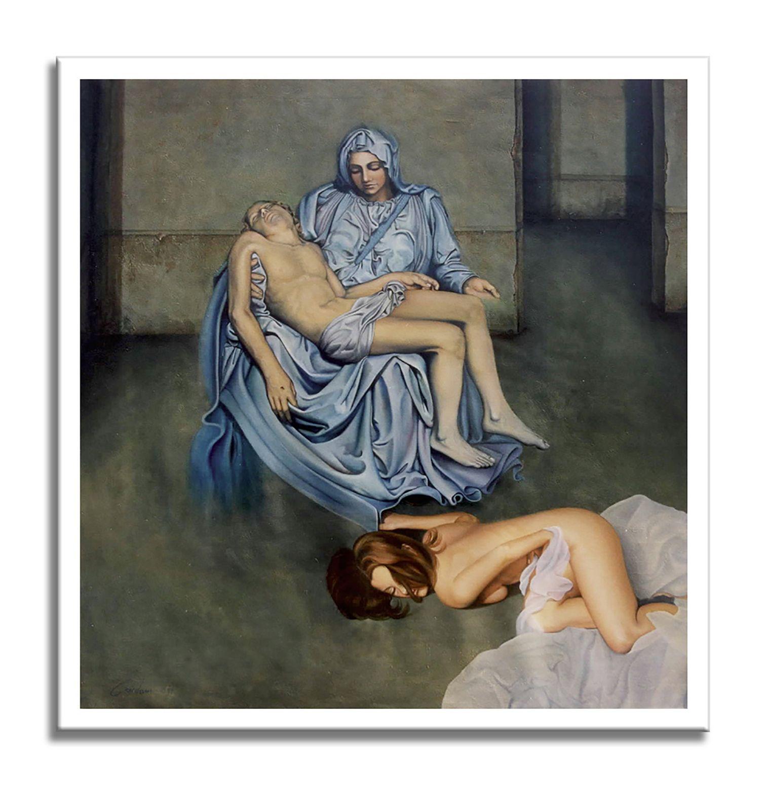 Pieta after Michelangel, Painting, Oil on Canvas For Sale 2