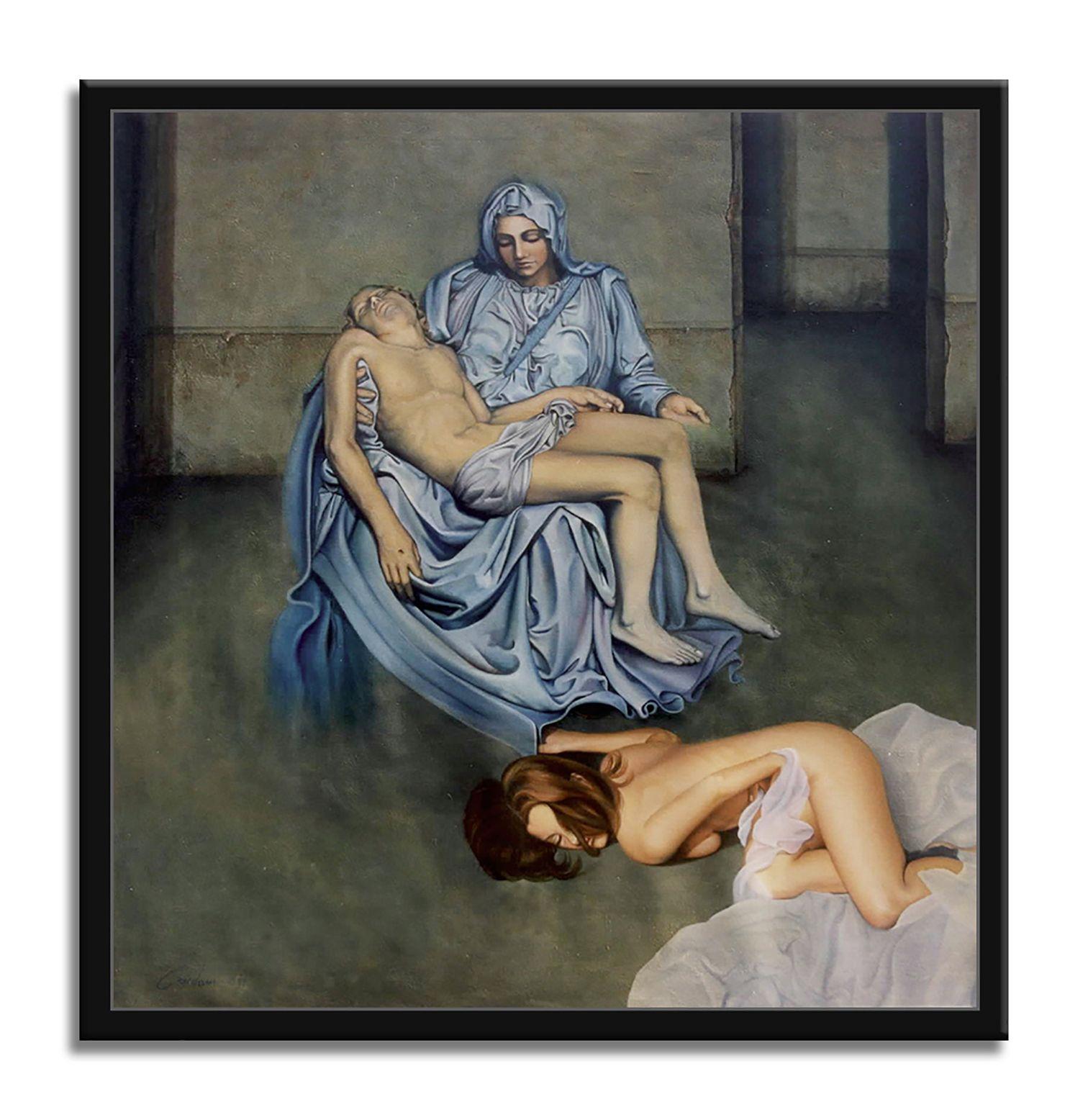 Pieta after Michelangel, Painting, Oil on Canvas For Sale 3