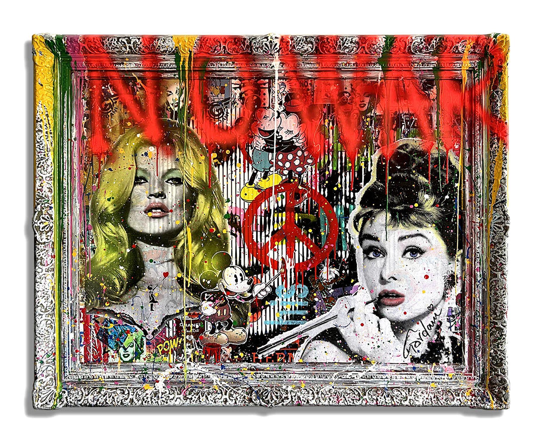Medium: Mix media, silk screening, hand finished with Oil, Acrylic, stencils,  spray paint, Collage with old iconography images, newspapers, comic books, magazines and text on canvas.    Movement & Style: Pop Art, Contemporary Art    Frame Size: 46