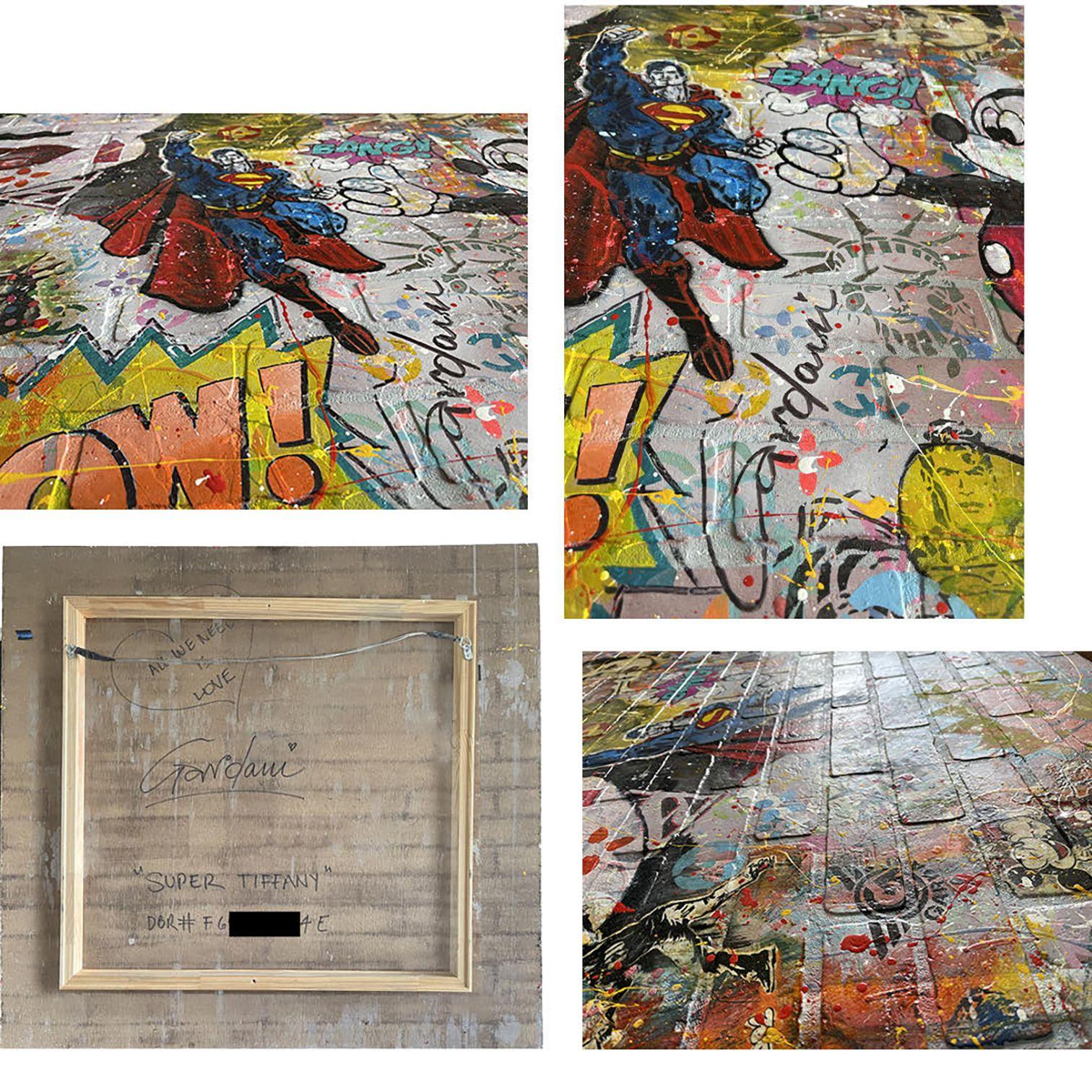 Einzigartiges Pop Art Originalgemälde auf Fiberglas Brooklyn Brick Wall von Gardani für Sie verfügbar. Handsigniert vom Künstler auf der Vorder- und Rückseite, mit offiziellem Gardani-Echtheitszertifikat mit einer einzigartigen Dollarschein-Sequenz