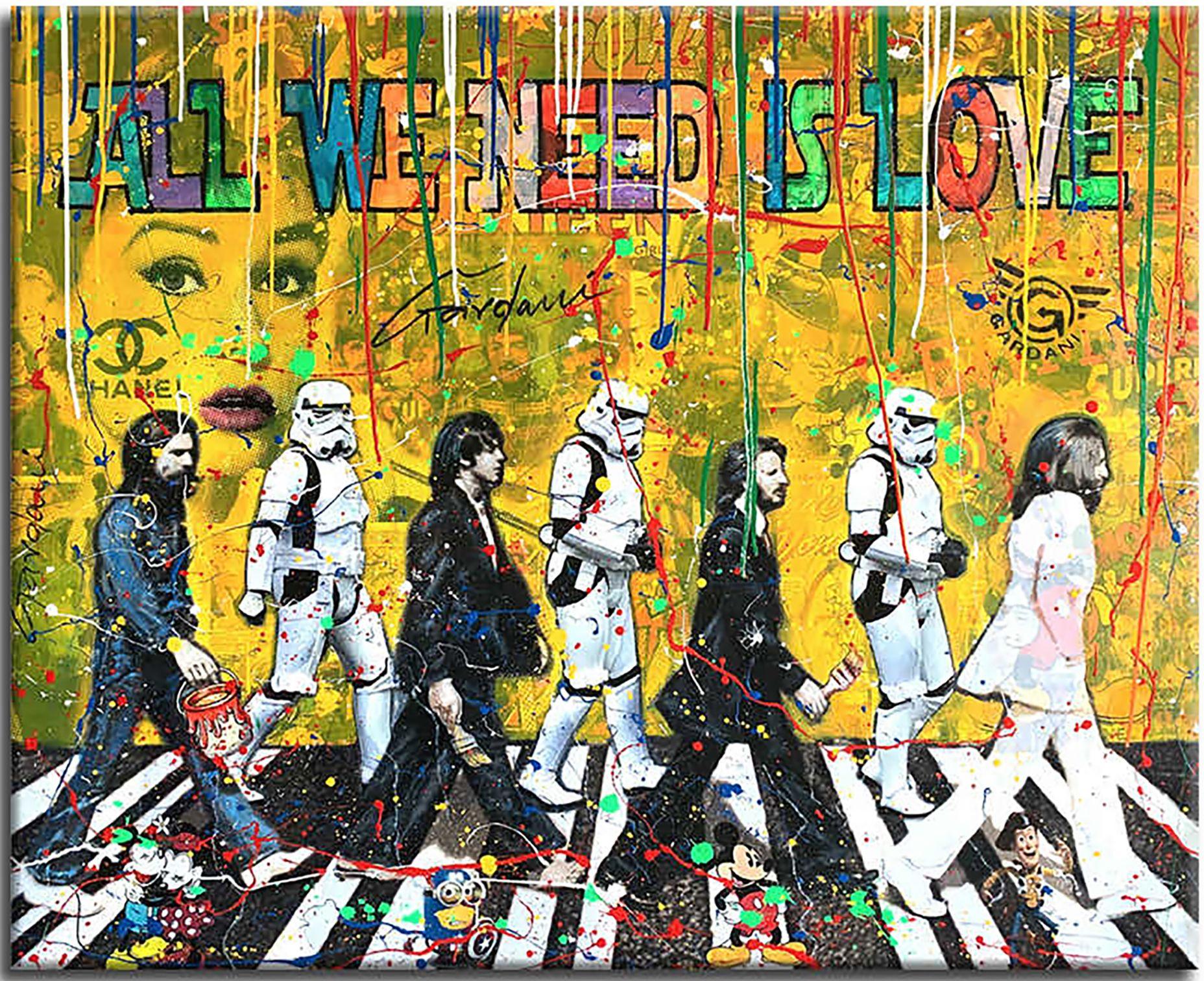 Medium: Mix media, silk screening, hand finished with Oil, Acrylic, stencils,  spray paint, Collage with old iconography images, newspapers, comic books, magazines and text on canvas.    Size: 39 x 49 in.    Artwork: Stretched ready to hang, not