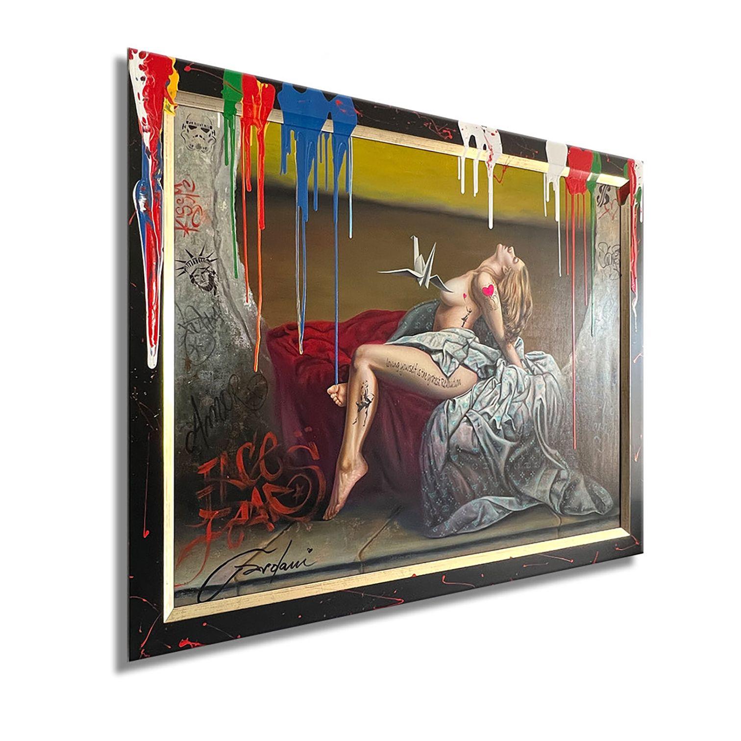 Einzigartiges Pop-Art-Originalgemälde auf Leinwand von Gardani, handsigniert vom Künstler auf der Vorder- und Rückseite, kommt mit offiziellem Gardani-Echtheitszertifikat mit einer einzigartigen Dollarschein-Sequenz als Registrierungsnummer für