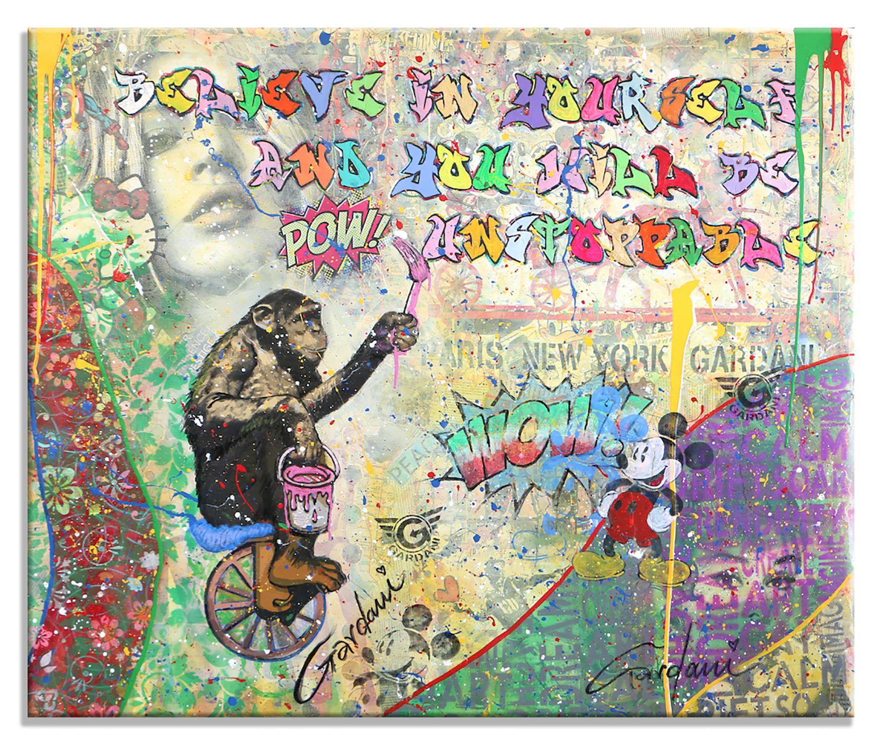 Pittura originale Pop Art su tela di Gardani, unica nel suo genere, disponibile per te. Firmato a mano dall'artista davanti e dietro, viene fornito con il Certificato di Autenticità ufficiale Gardani con una sequenza unica di banconote da un dollaro
